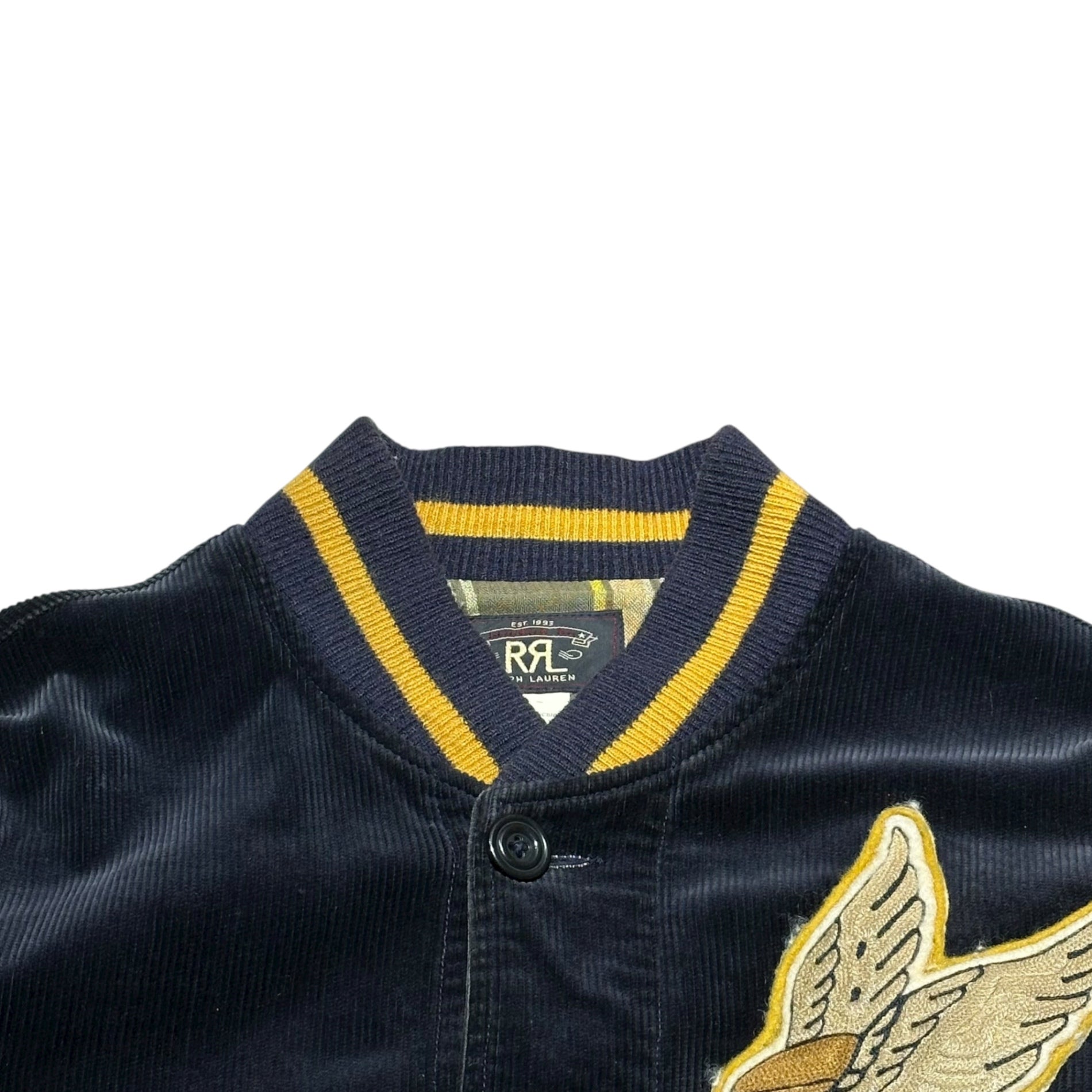 RRL(ダブルアールエル) WAKEFIELD VARSITY JACKET ウェイク フィールド ヴァーシティー ジャケット スタジャン コーデュロイ 41381 M ダークネイビー×ブラウン BONNNEVILLE SALTFLATSシリーズ Bonneville Navy/Tan 2015年モデル