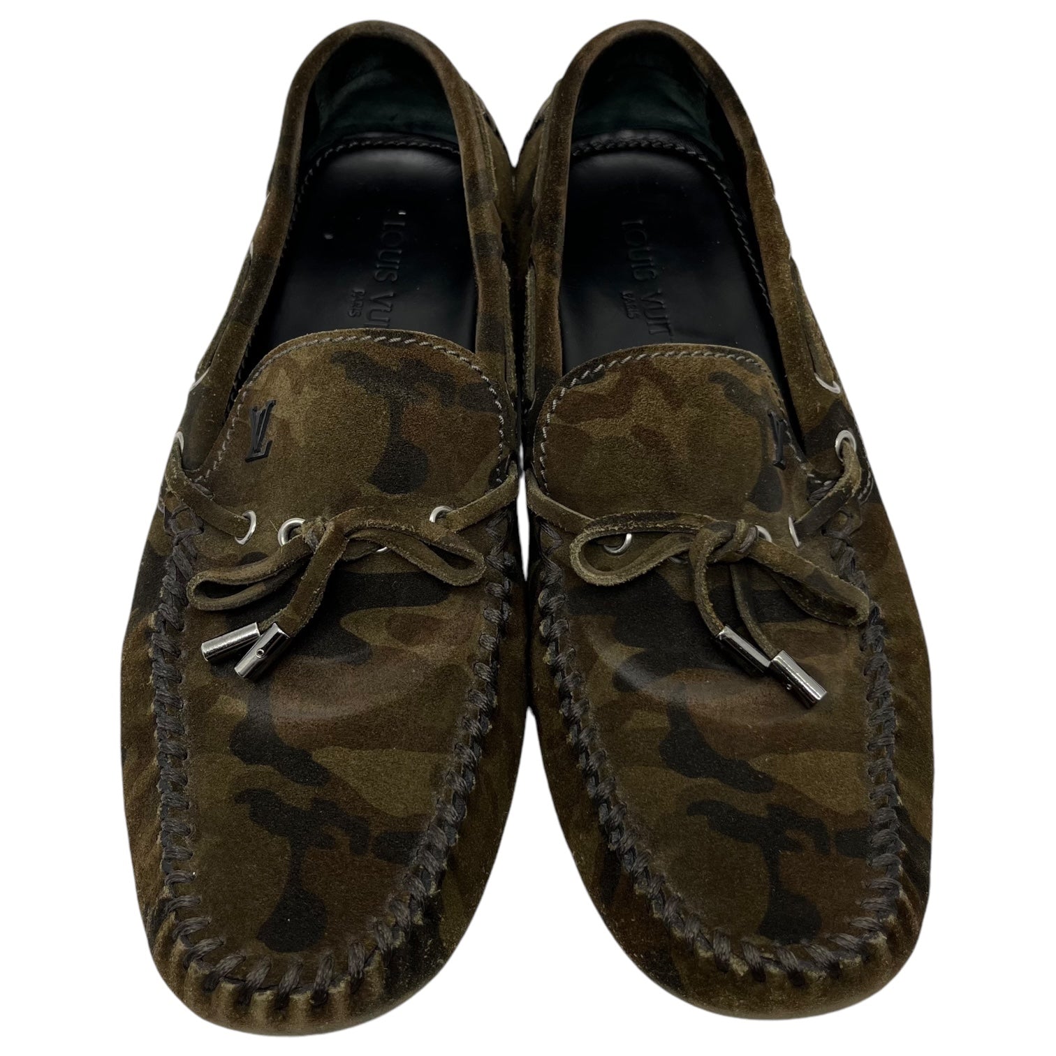 LOUIS VUITTON(ルイヴィトン) Camouflage moccasin driving shoes カモフラ モカシン ドライビング シューズ 製造番号：ND0133 9 1/2(27.5cm~28cm程度) カーキ 迷彩 ロゴ ローファー スリッポン