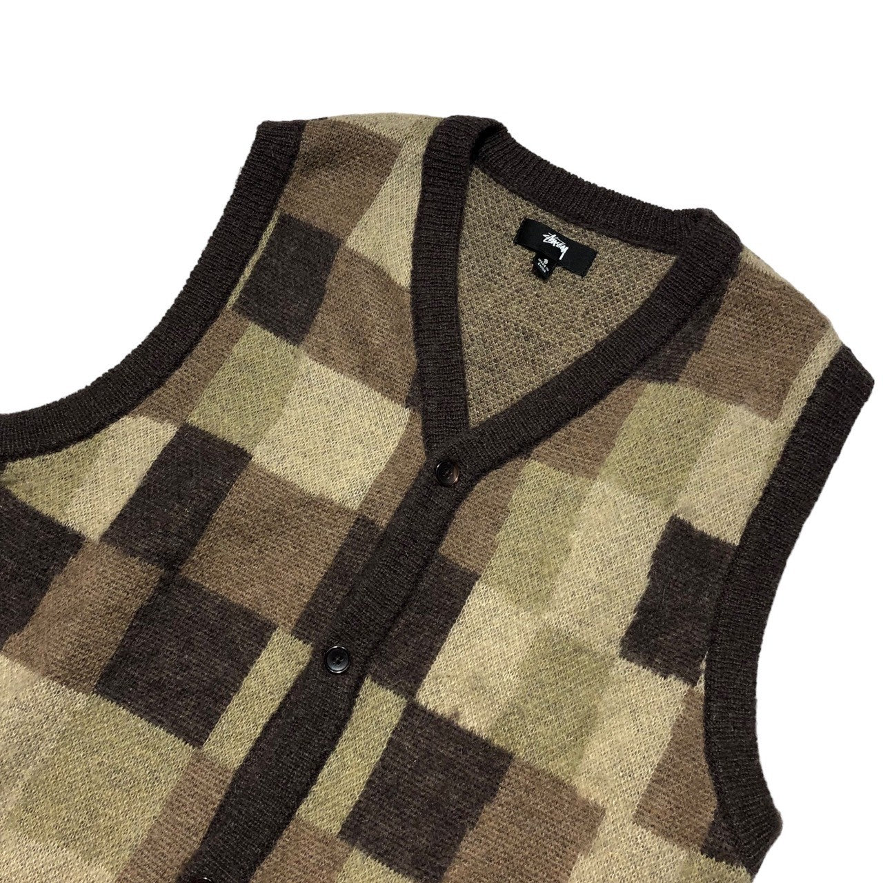 STUSSY(ステューシー) wobbly check sweater vest チェック セーター ベスト モヘヤ混 S カーキ×ブラウン