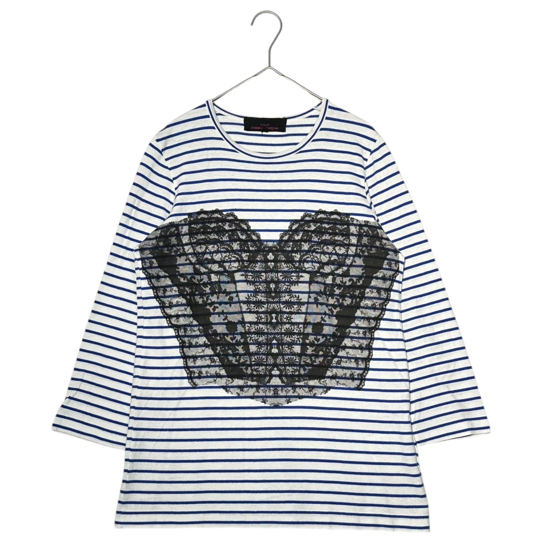 tricot COMME des GARCONS(トリココムデギャルソン) 11AW Lace Heart Print Border L/S T-Shirt レース ハート プリント ボーダー 長袖 Tシャツ TH-T213 S ホワイト×ブルー AD2011
