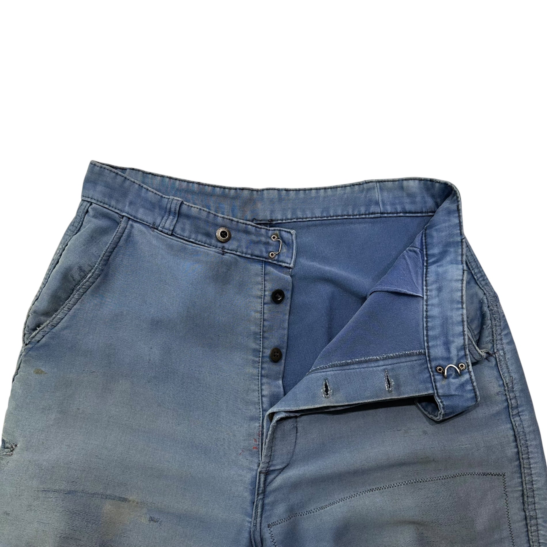 Adolphe Lafont(アドルフラフォン) 50's~60's Moleskin Work Pants モールスキン ワーク パンツ 約W33 ライトブルー ヴィンテージ メタルボタン BORO ボロ フレンチ