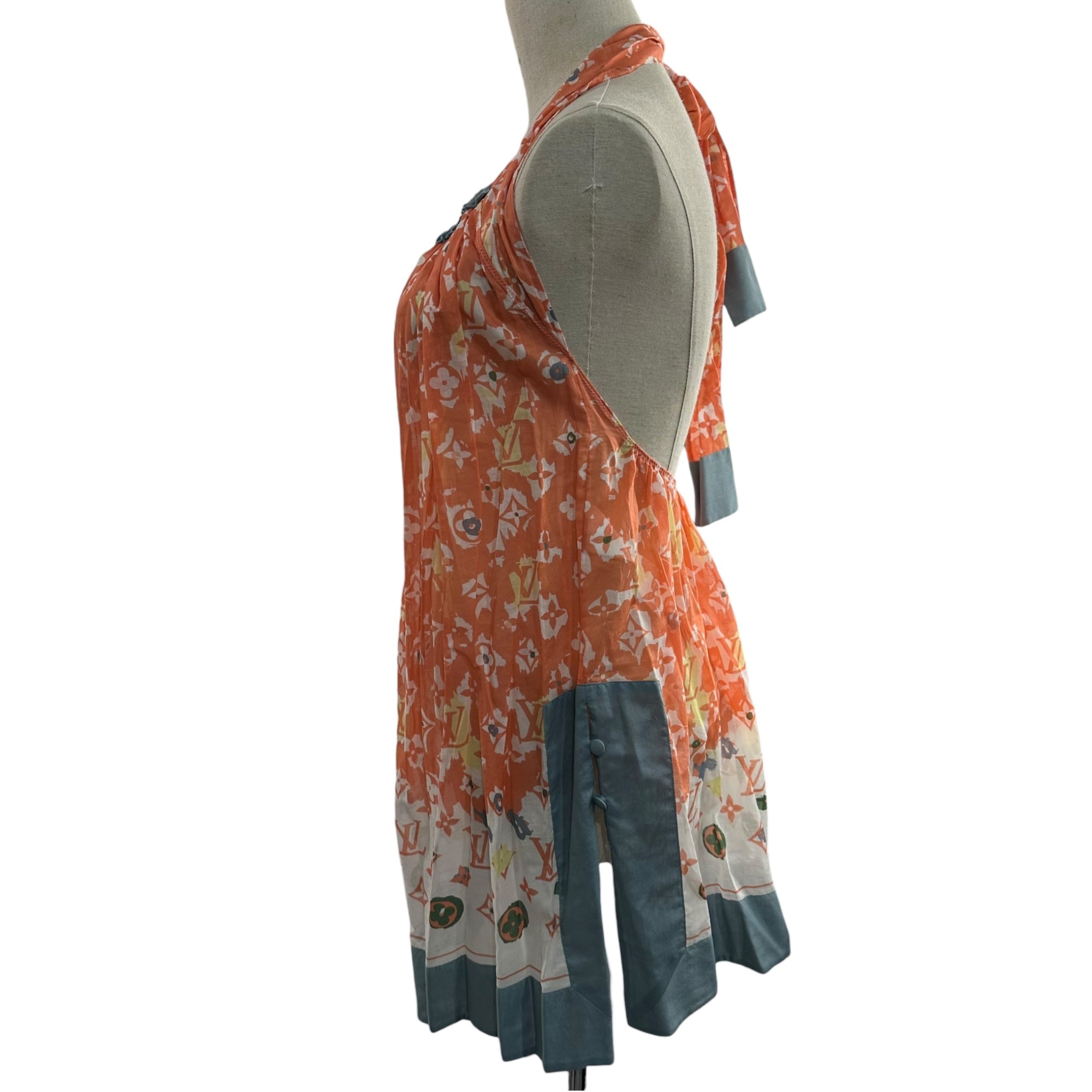 LOUIS VUITTON(ルイヴィトン) Halter-Neck Monogram Mini Dress ホルターネック モノグラム ミニ ワンピース RW101W WQDR04BHA 34 オレンジ×スカイブルー×ホワイト ノースリーブ ドレス