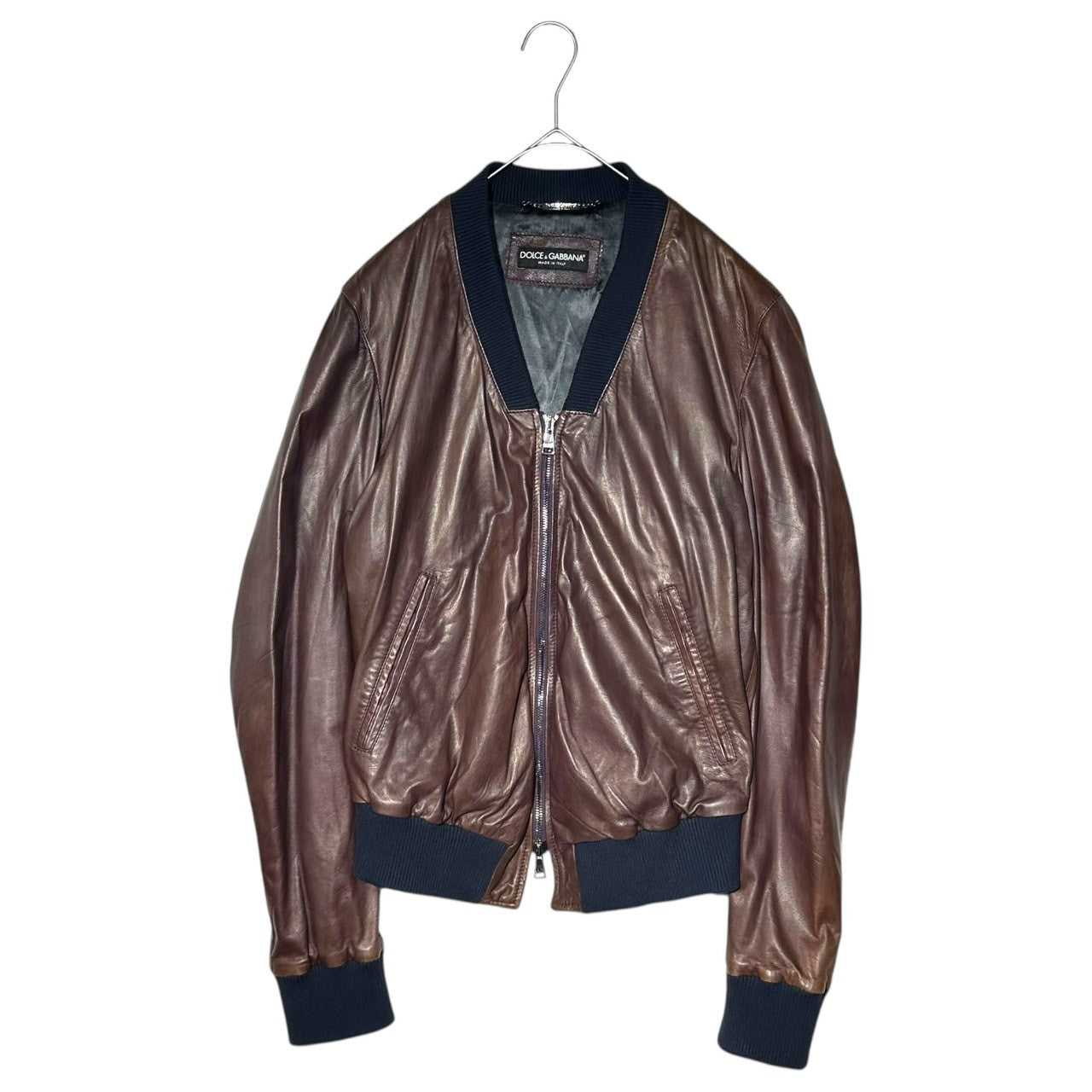 DOLCE&GABBANA(ドルチェ&ガッバーナドルガバ) Black Sheepskin Rib Blouson ブラック シープスキン リブ ブルゾン G9N12L/FULS8 46(S) ブラウン×ネイビー