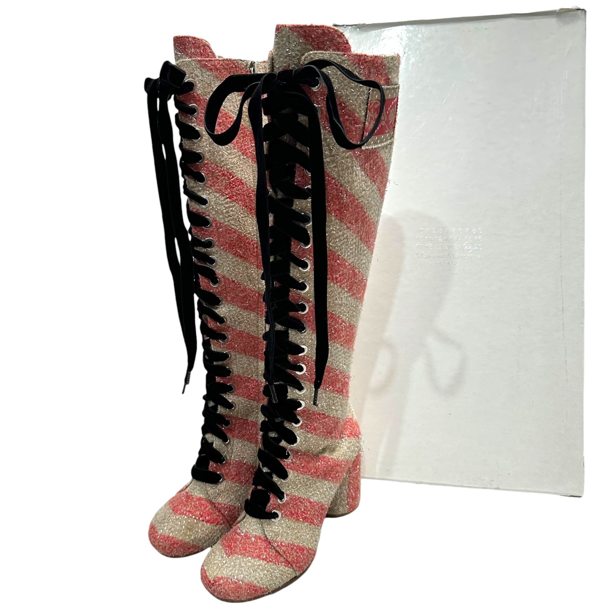 MAISON MARGIELA(メゾンマルジェラ) 17AW Lace-Up Tweed Long Boots レース アップ ツイード ロング ブーツ S58WW0045 37(23.5cm程度) レッド×ベージュ