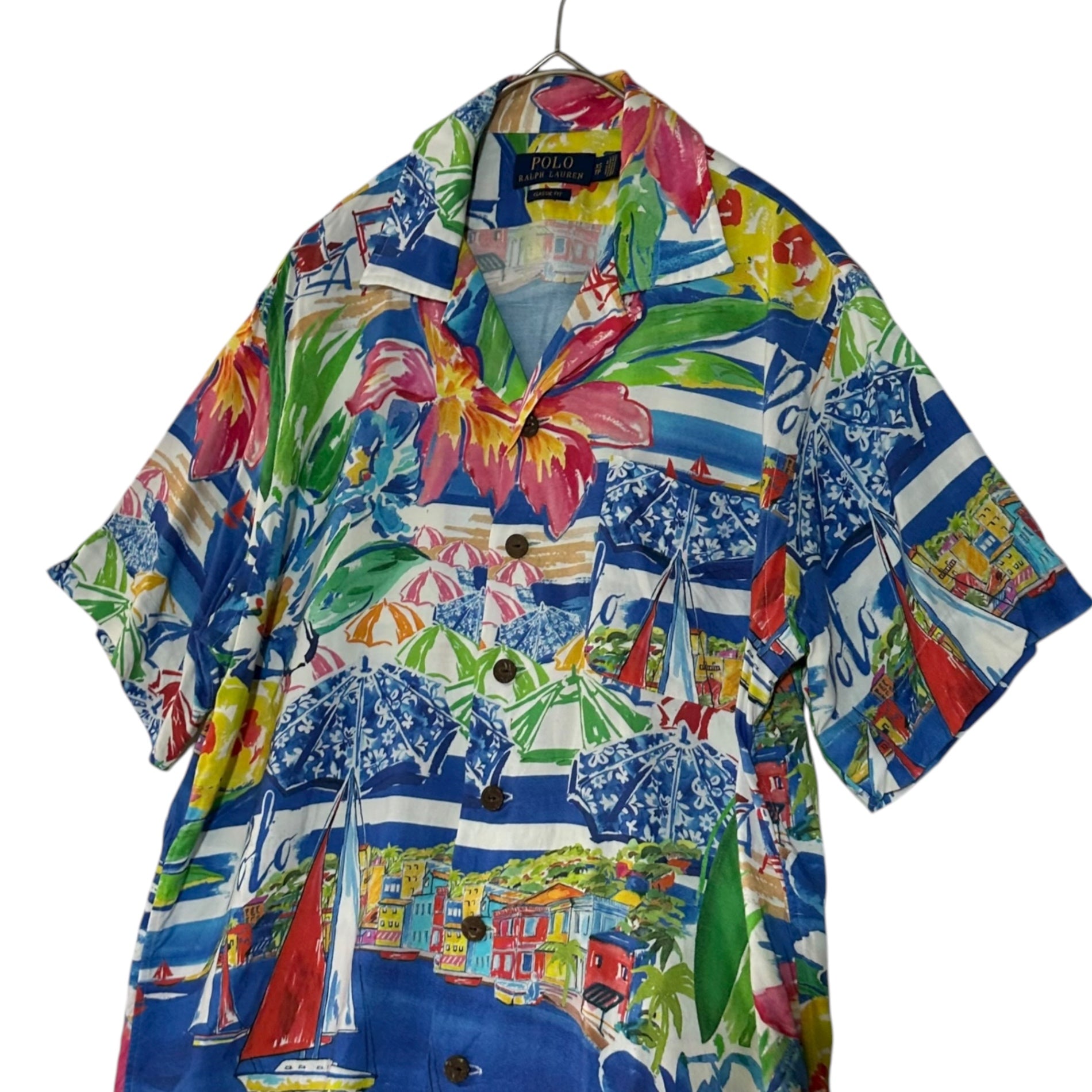 POLO RALPH LAUREN(ポロラルフローレン) Yacht All-Over Print Rayon Aloha Shirt ヨット 総柄 レーヨン アロハ シャツ XS ブルー オープンカラー 開襟