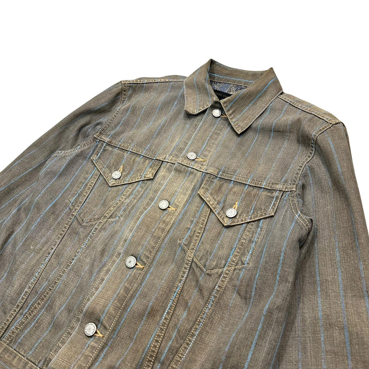 COMME des GARCONS HOMME(コムデギャルソンオム) 2003SS Paisley-Lined Striped Trucker Jacket ペイズリーライニング ストライプ トラッカー ジャケット HJ-J070 M グレー×ブルー 田中オム 00's