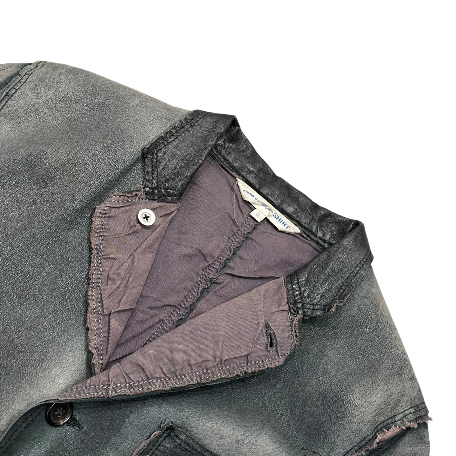 COMME des GARCONS SHIRT(コムデギャルソンシャツ) 90's Small Collar Grunge Short-Length Leather Jacket 90年代 スモールカラー グランジ ショートレングス レザー ジャケット S グレー 裾カットオフリメイク