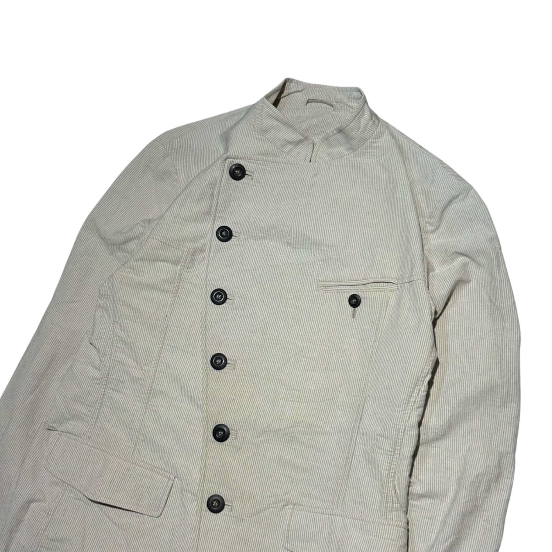 GIORGIO ARMANI(ジョルジオアルマーニ) Vintage Diagonal Button Stand Collar Long Sleeve Striped Jacket ヴィンテージ 斜めボタン スタンドカラー 長袖 ストライプ ジャケット 757002 50(L~XL程度) アイボリー