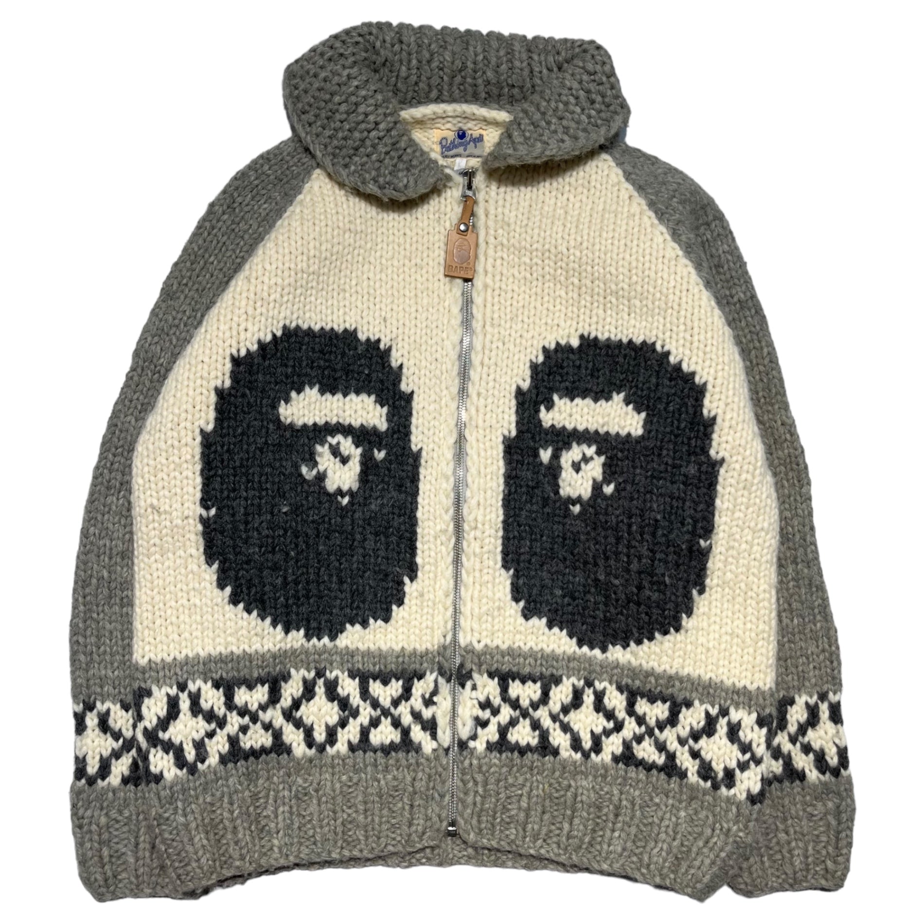 A BATHING APE(アベイシングエイプ) 00's face couch knit cardigan フェイス カウチン ニット カーディガン XL アイボリー×グレー ローゲージ