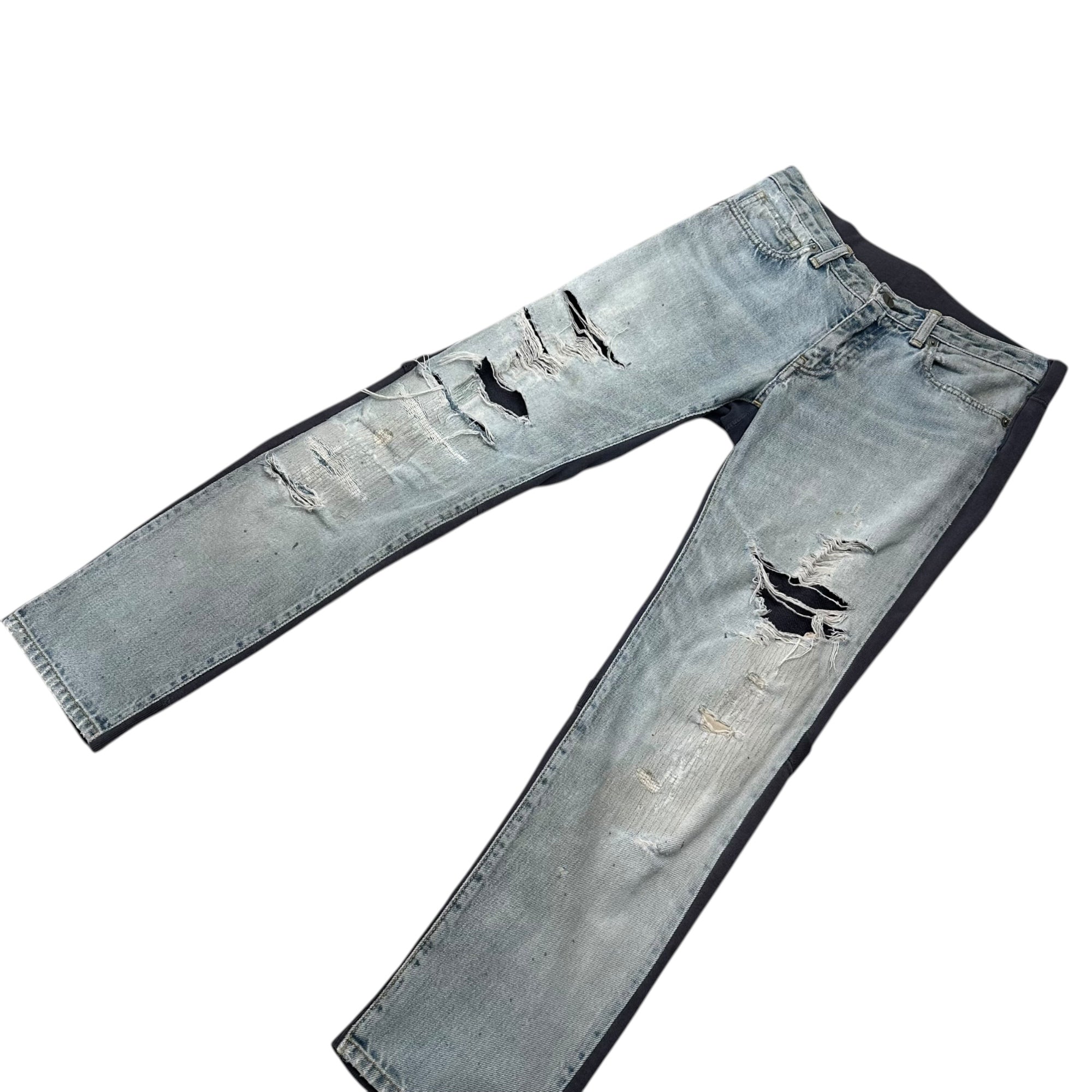 UNDERCOVER(アンダーカバー) 11SS Reworked Distressed Denim Sweat pants 再構築 ダメージ デニム スウェット パンツ G1516 1 ライトインディゴ×ネイビー ドッキング スキニー