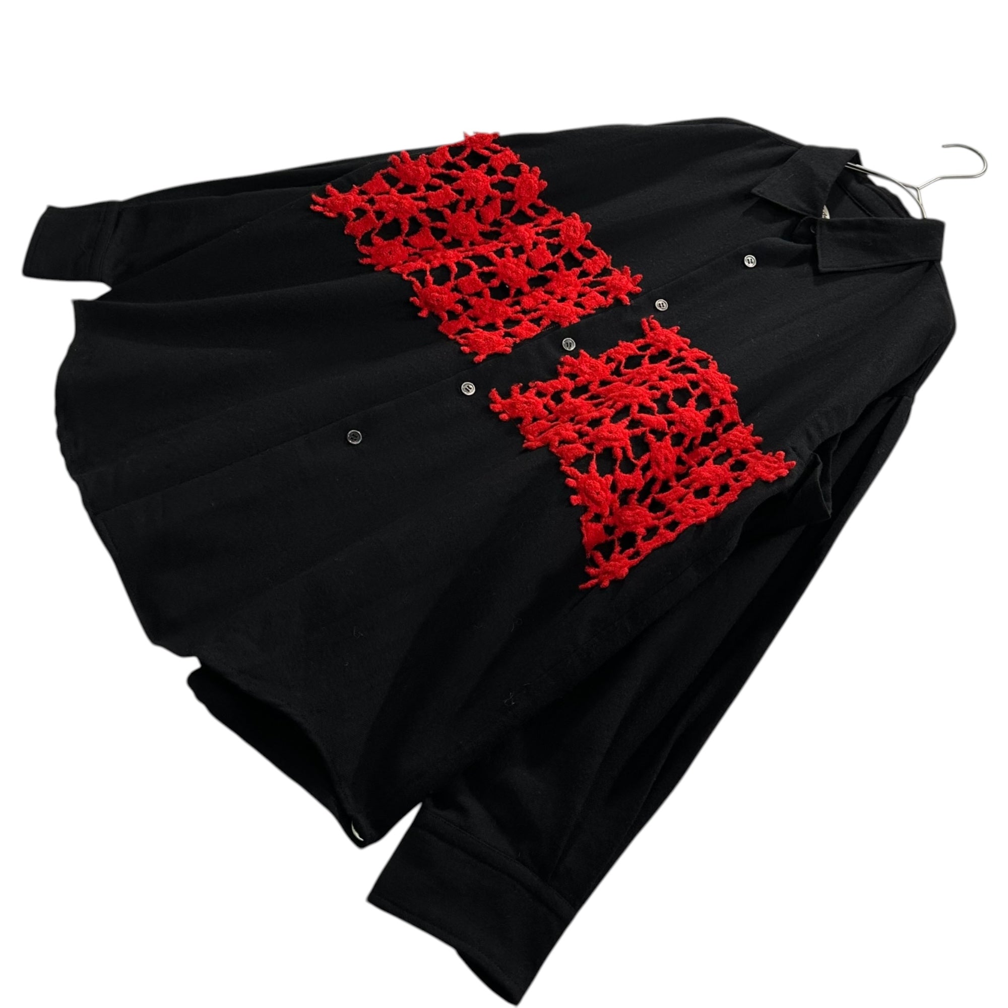 COMME des GARCONS(コムデギャルソン) 80's Knit Lace Patch Wool L/S Shirt 80年代 ニット レース パッチ ウール 長袖 シャツ ブラック×レッド ヴィンテージ 稀少アイテム