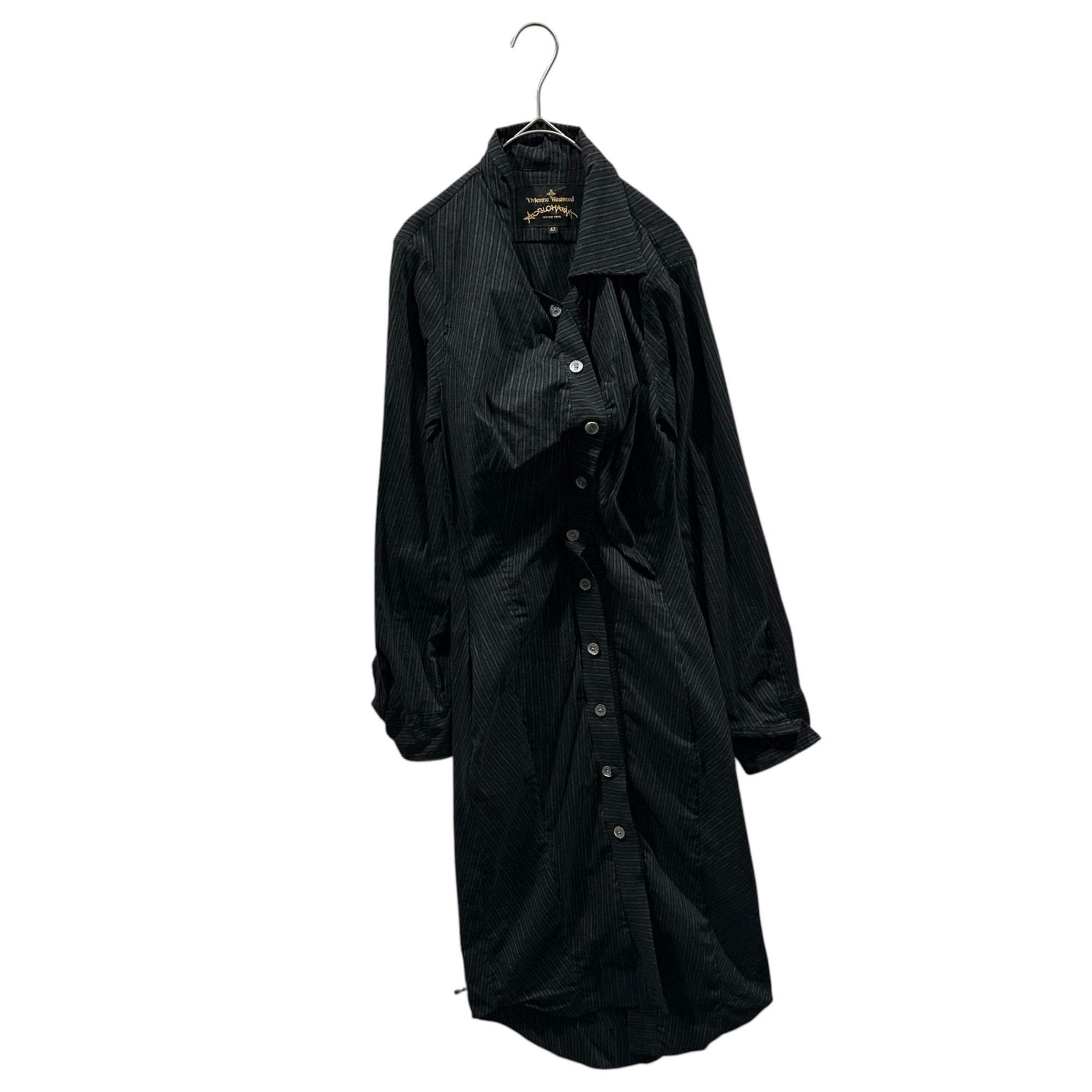 Vivienne Westwood ANGLOMANIA(ヴィヴィアンウエストウッドアングロマニア) Wavy silhouette long shirt dress 歪み うねり ロング ストライプ シャツ ワンピース 14-03-572013 42 ブラック
