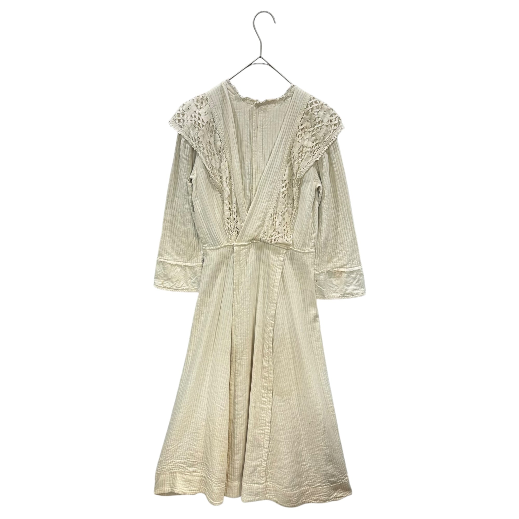 Euro antique(ヨーロッパアンティーク) 20's shoulder lace collar onepiece 肩装飾レースとミニフリル襟の生成りワンピース ドレス ホワイト