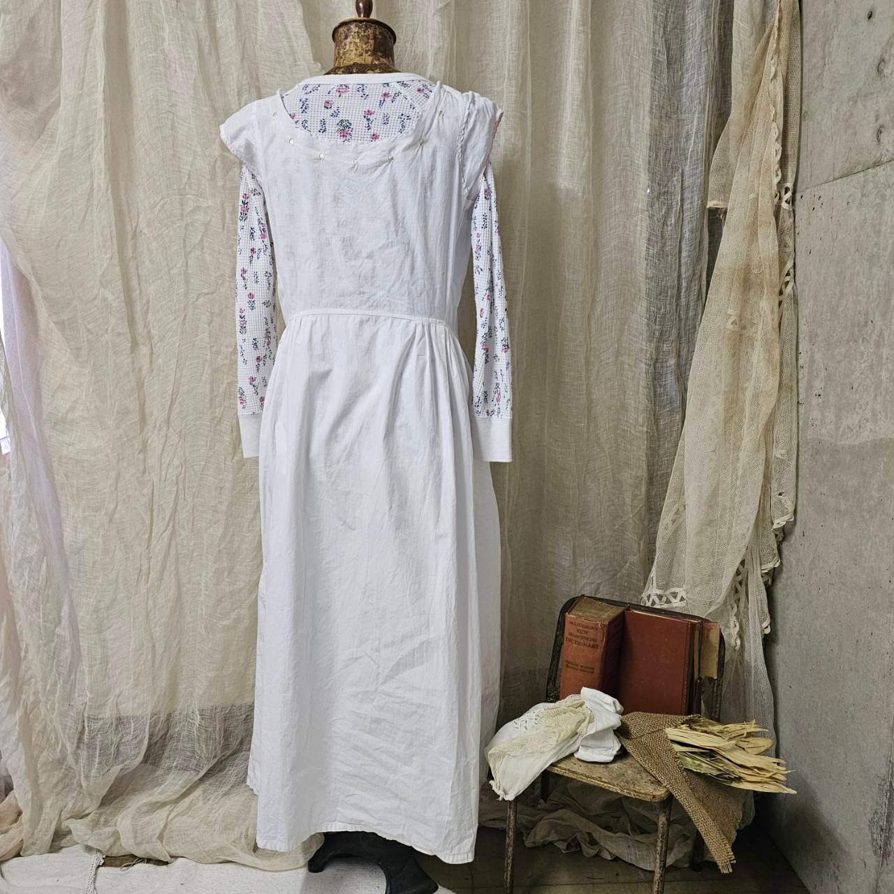 Euro antique(ヨーロッパアンティーク) 20’~30's piping stich remake nighty dress onepiece パイピングリボン付きリメイクコットンナイティドレス /ワンピース 表記無し(M～Lサイズ程度) ホワイト×ペールピンク