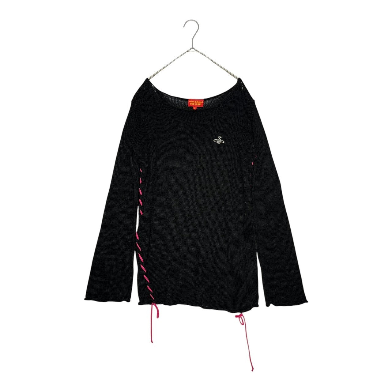 Vivienne Westwood RED LABEL(ヴィヴィアンウエストウッドレッドレーベル) 00's Side lace-up chest orb embroidery pullover knit サイド レースアップ 胸 オーブ刺繍 プルオーバー ニット 357-01-17002 2(M) ブラック×ピンク オリゾンティタグ