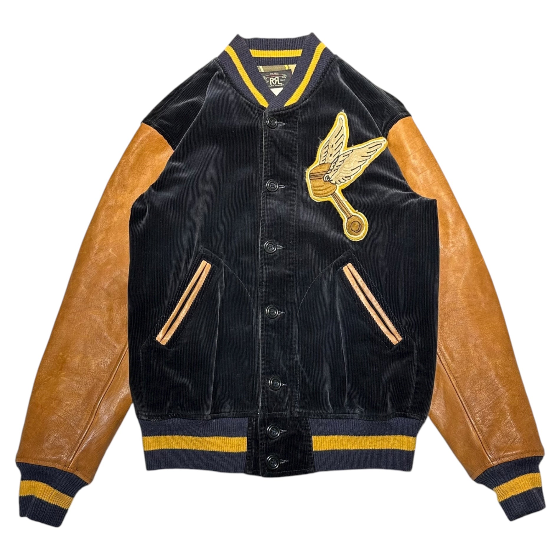 RRL(ダブルアールエル) WAKEFIELD VARSITY JACKET ウェイク フィールド ヴァーシティー ジャケット スタジャン コーデュロイ 41381 M ダークネイビー×ブラウン BONNNEVILLE SALTFLATSシリーズ Bonneville Navy/Tan 2015年モデル