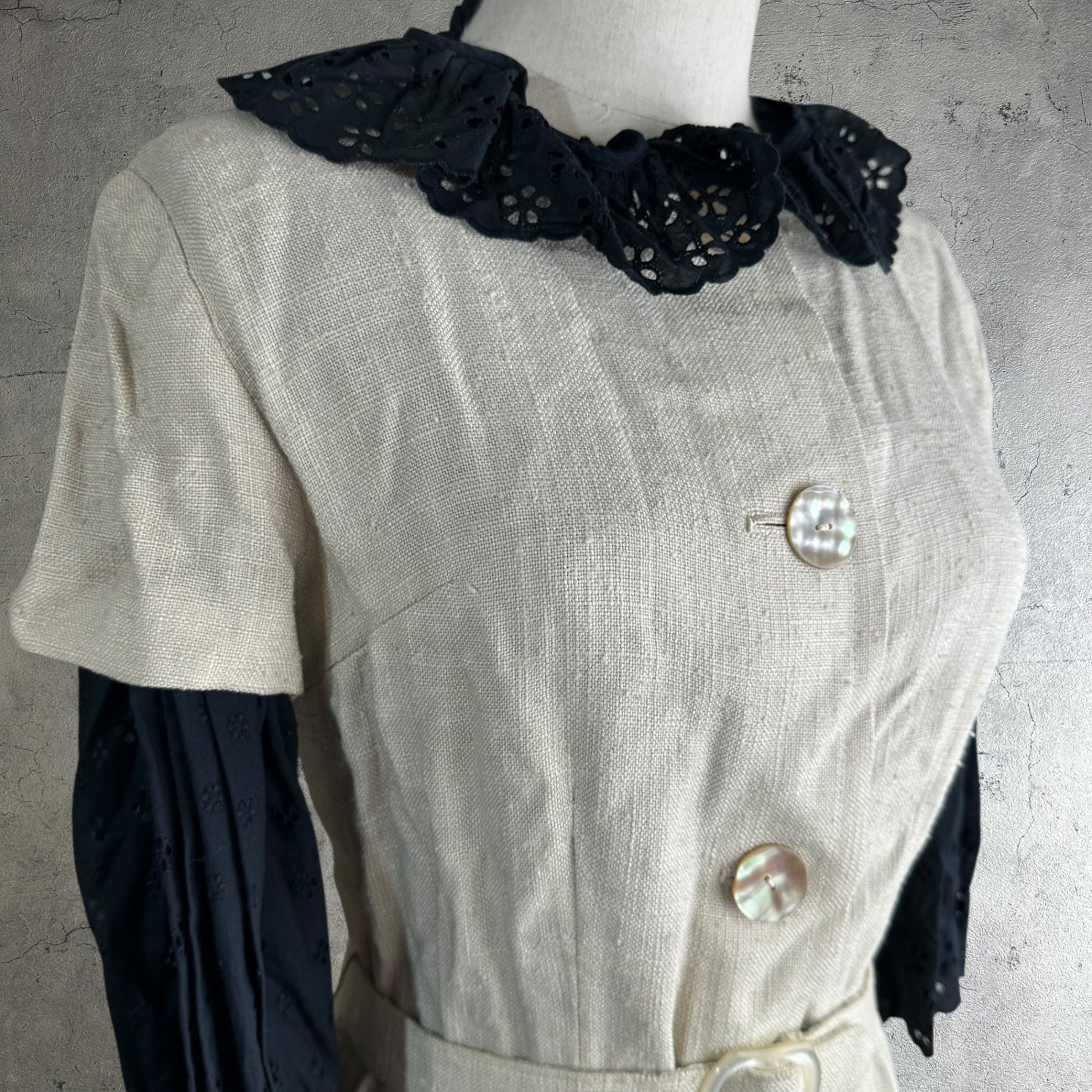 Euro vintage(ヨーロッパヴィンテージ) 30's~ jute_short sleeve onepiece with belt ベルト付き半袖ワンピース 貝ボタン 表記無し(M程度) ベージュ