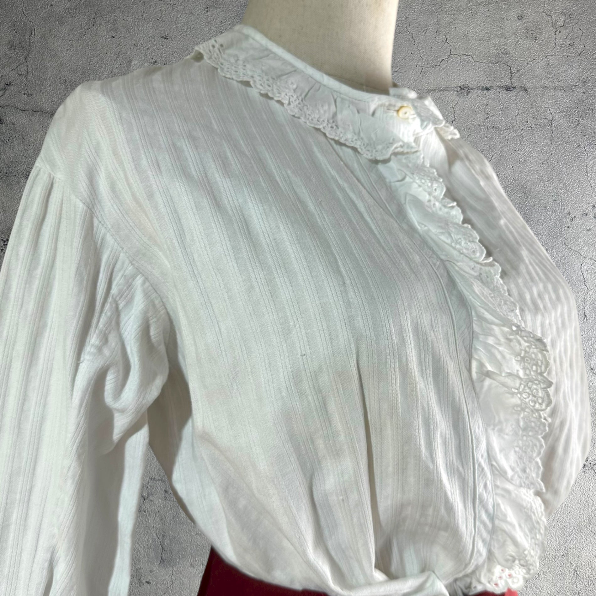 Euro vintage(ヨーロッパヴィンテージ) Vintage Cutwork Lace Long Sleeve Stripe Blouse ヴィンテージ カットワーク レース 長袖 ストライプ ブラウス FREE ホワイト 裾にネーム刺繍有