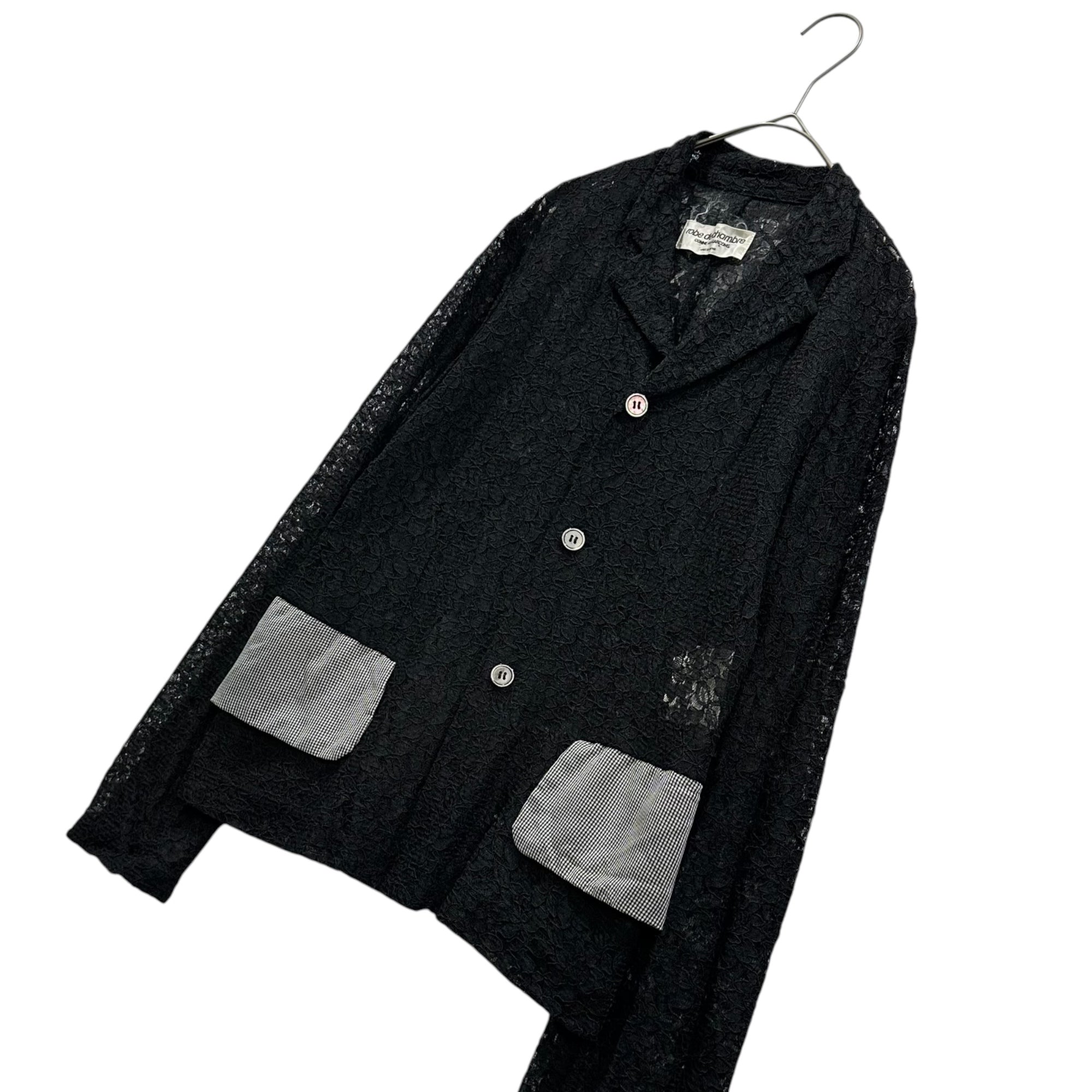 robe de chambre COMME des GARCONS(ローブドシャンブルコムデギャルソン) 1996SS Gingham Check Flap All-Lace Shirt Jacket ギンガムチェック フラップ 総レース シャツ ジャケット RJ-100250 FREE ブラック AD1995 90年代 アーカイブ