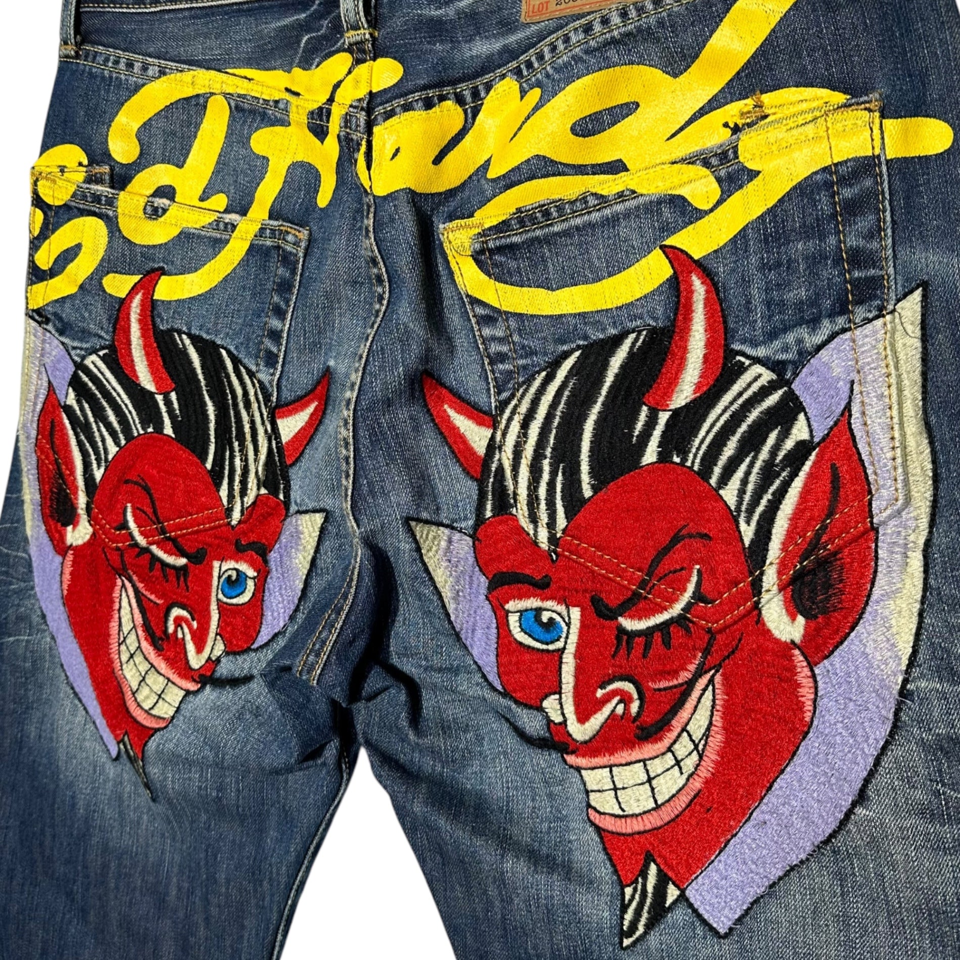 Ed Hardy(エドハーディー) Devil embroidery straight denim pants デビル刺繍 ストレート デニム パンツ LOT 2009 32 インディゴ Y2K B系 ワイド