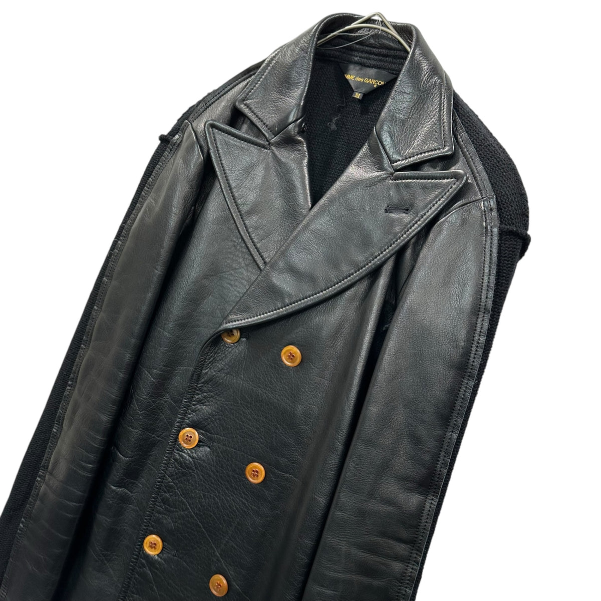 COMME des GARCONS(コムデギャルソン) 2002AW Leather ＆ Knit-Paneled Double-Dreasted Coat レザー ニット ドッキング ダブル ブレスト コート GG-J036 M ブラック AD2002 00's ジャケット