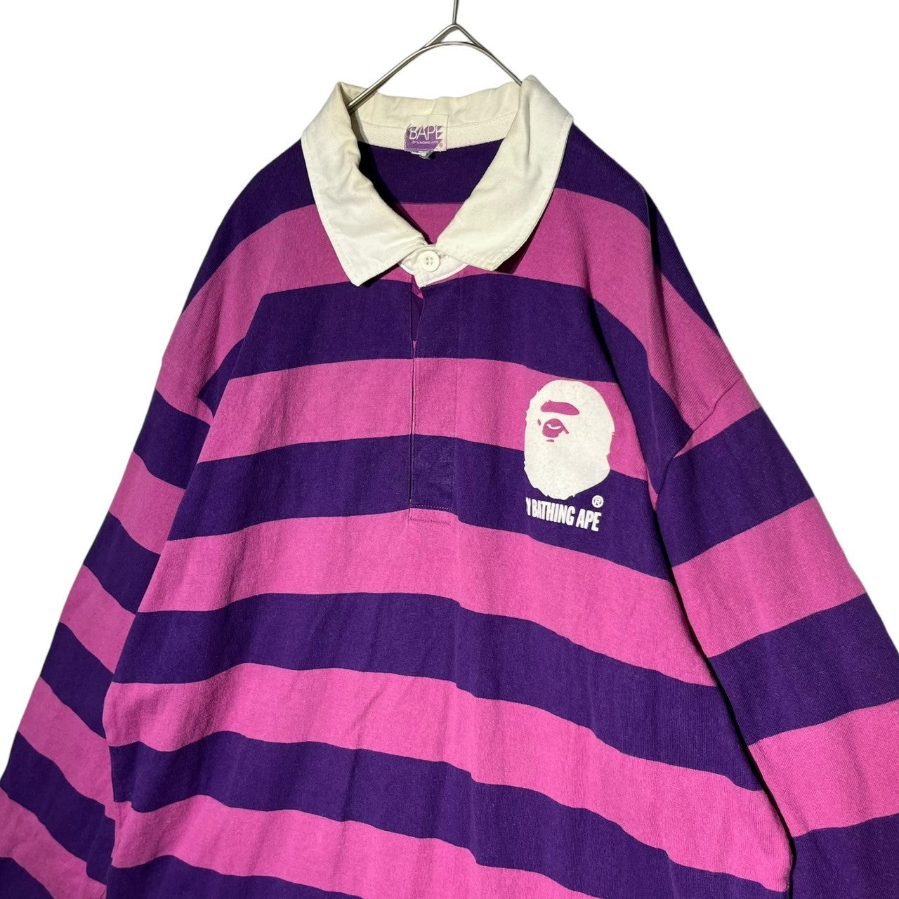 BAPE BY A BATHING APE(ベイプ バイ ア ベイシングエイプ) 00's  One point logo border long sleeve rugby shirt ワンポイント ロゴ ボーダー 長袖 ラグビーシャツ ラガーシャツ 猿 XL パープル