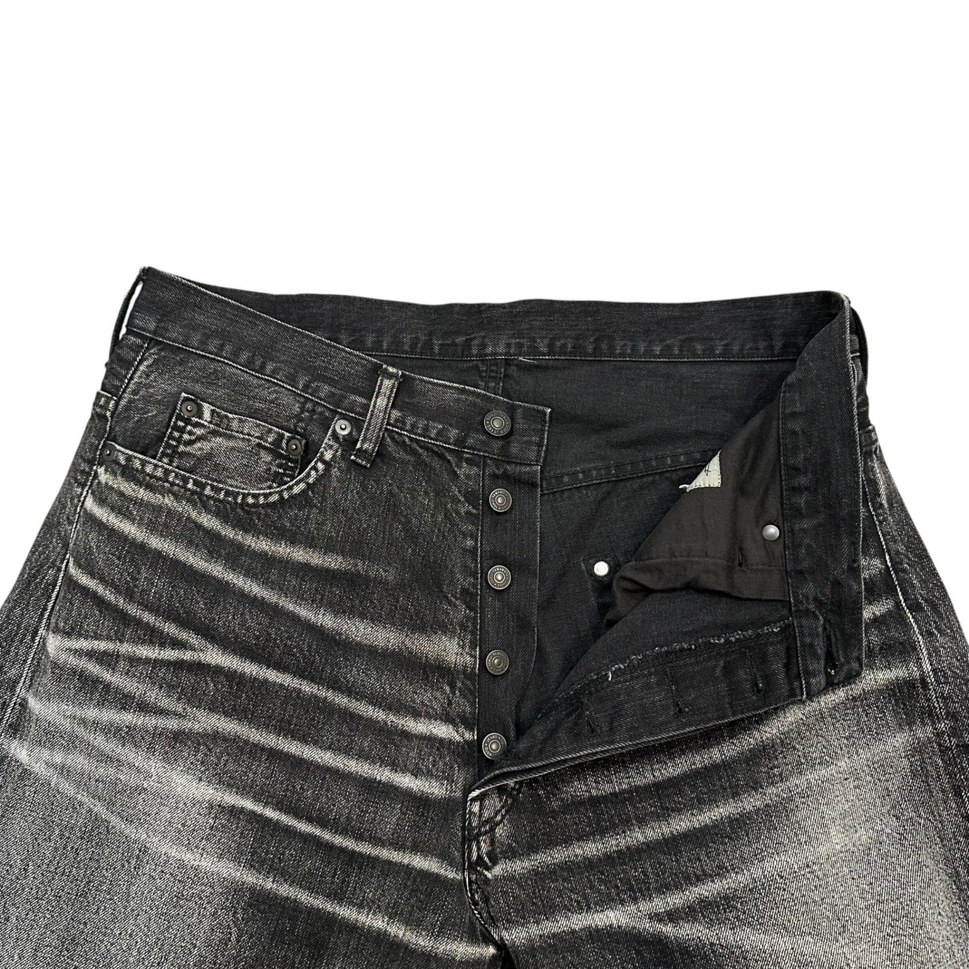 YOHJI YAMAMOTO POUR HOMME(ヨウジヤマモトプールオム) 2019SS 「REPLICA 2002」 Heavily Distressed Button-Fly Black Denim Pants ハード ユーズド加工 ボタンフライ ブラック デニム パンツ HN-P77-032 3 ブラック ワイド