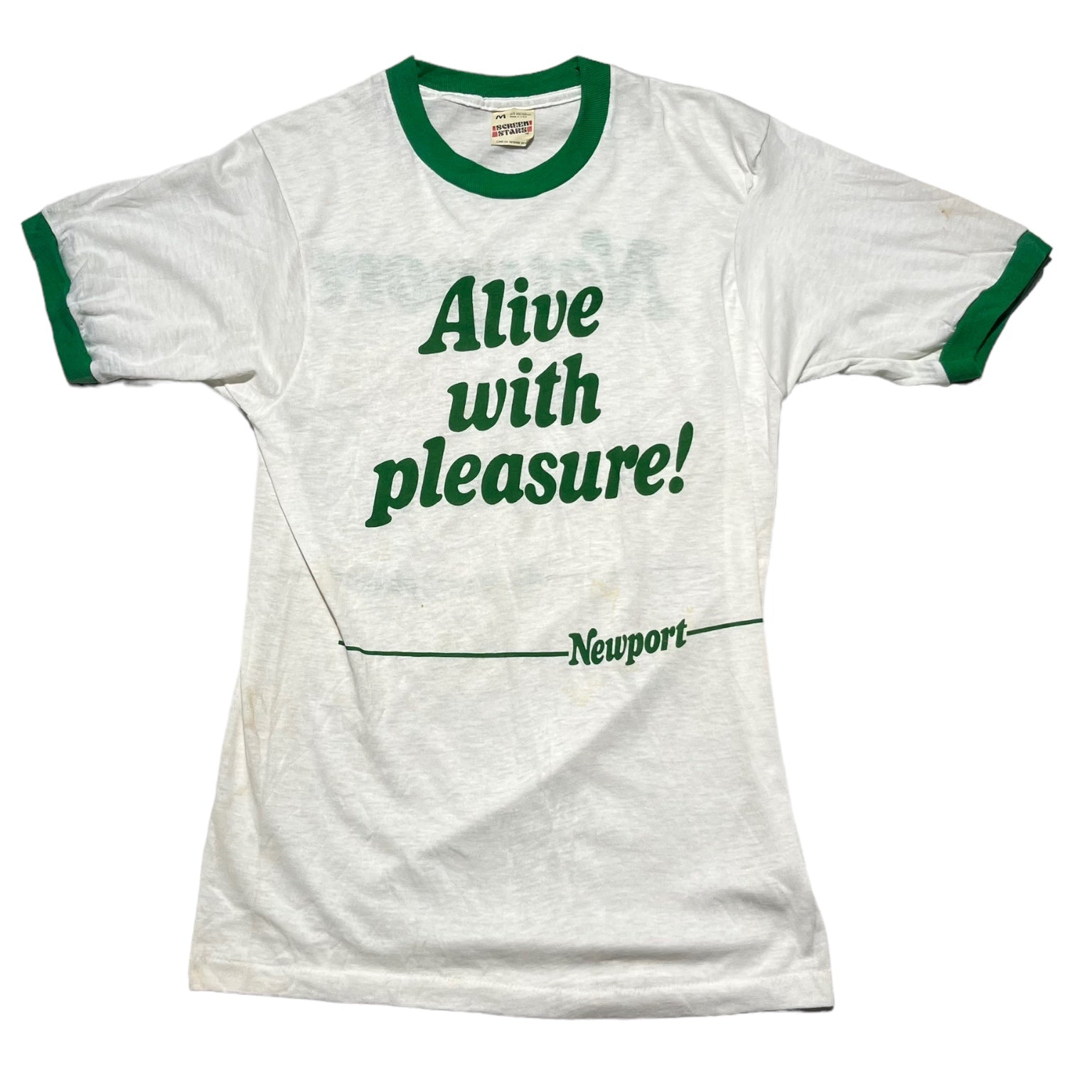 SCREEN STARS(スクリーンスターズ) 80’s "Alive with pleasure"  ringer t-shirt リンガー Tシャツ M ホワイト×グリーン 80年代 Newport 著名人着用モデル タバコ シガレット