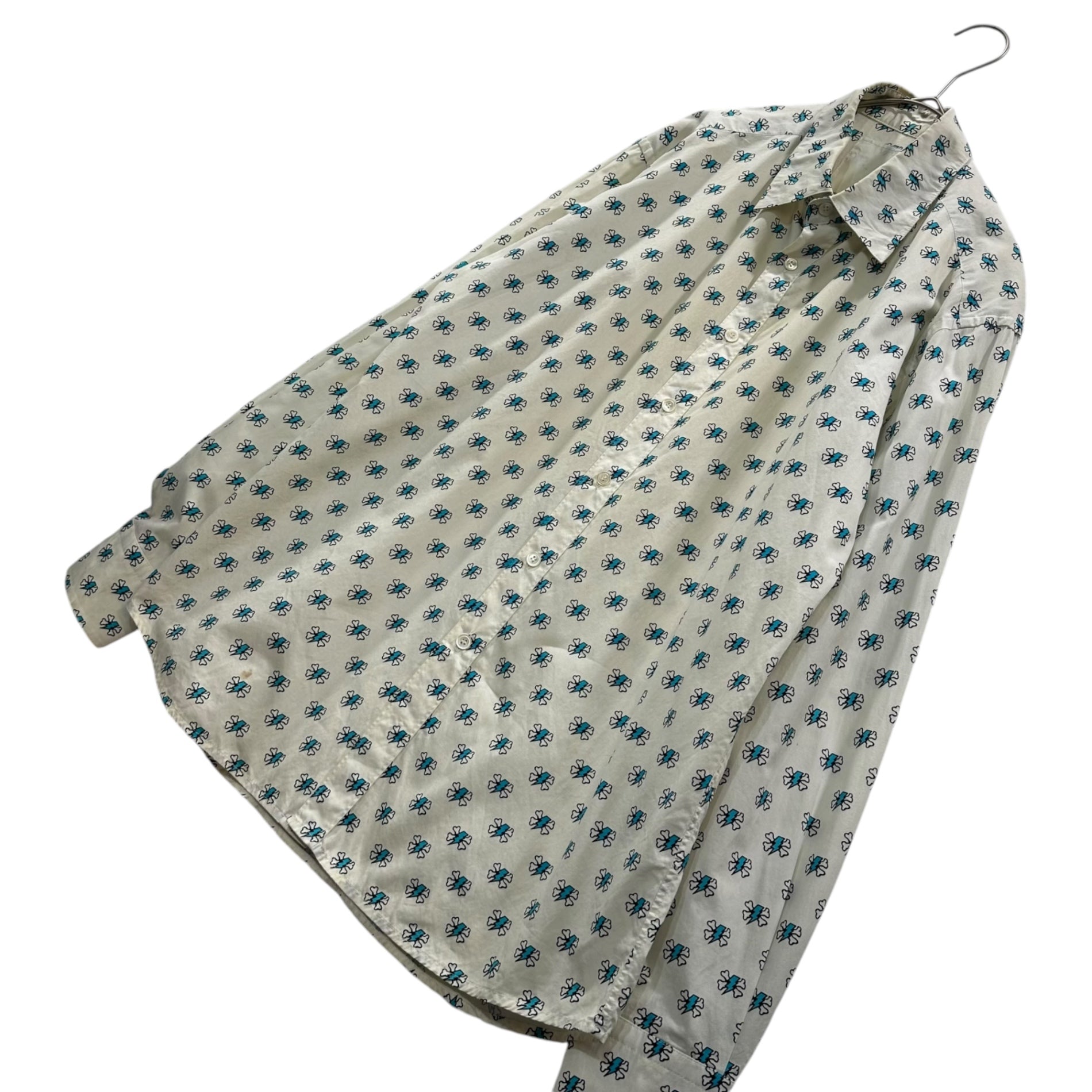UNDERCOVER(アンダーカバー) 2001SS Thunder & Crossbone All-Over Print L/S Shirt サンダー クロスボーン 総柄 長袖 シャツ M ホワイト×ライトブルー 00's Archive アーカイブ