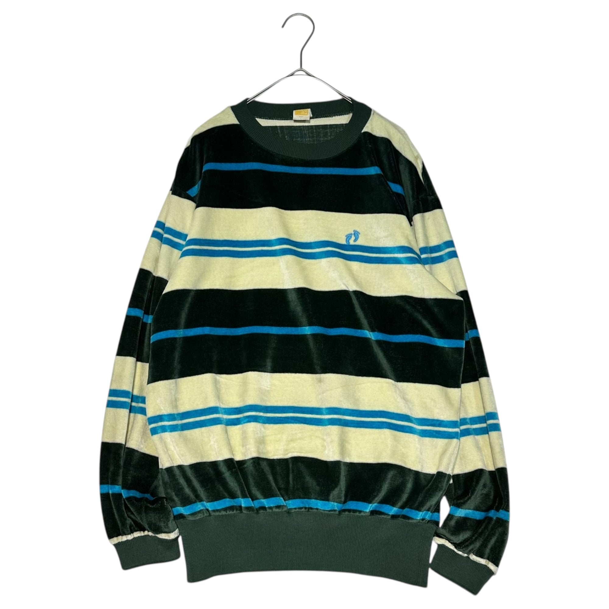 HANG TEN(ハンテン) 70's USA made Border Velour Logo Embroidered Sweatshirt ボーダー ベロア ロゴ 刺繍 スウェット L グリーン×ブルー×ホワイト 70年代～ USA製 オールドサーフ