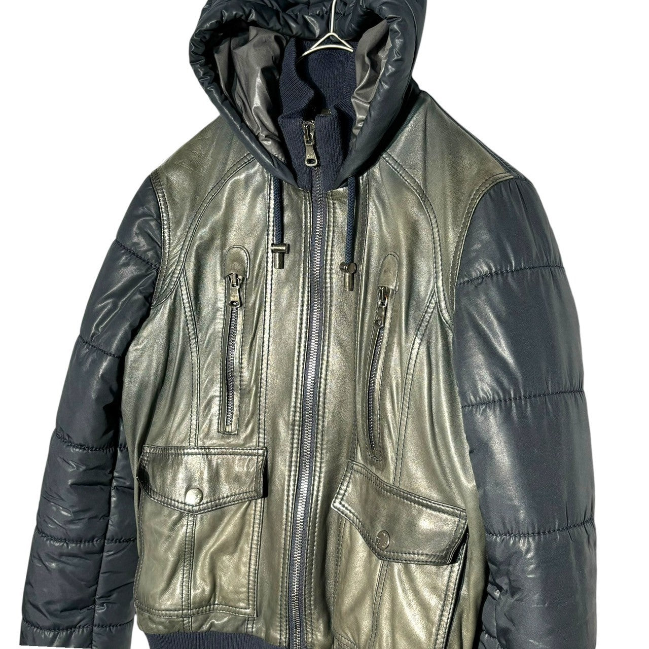 D&G(ディー&ジードルガバドルチェ&ガッバーナ) Lambskin switching padding hooded jacket ラムスキン 切替 中綿 フーデッド ジャケット レザー  RB0563/SE320 44 ネイビー