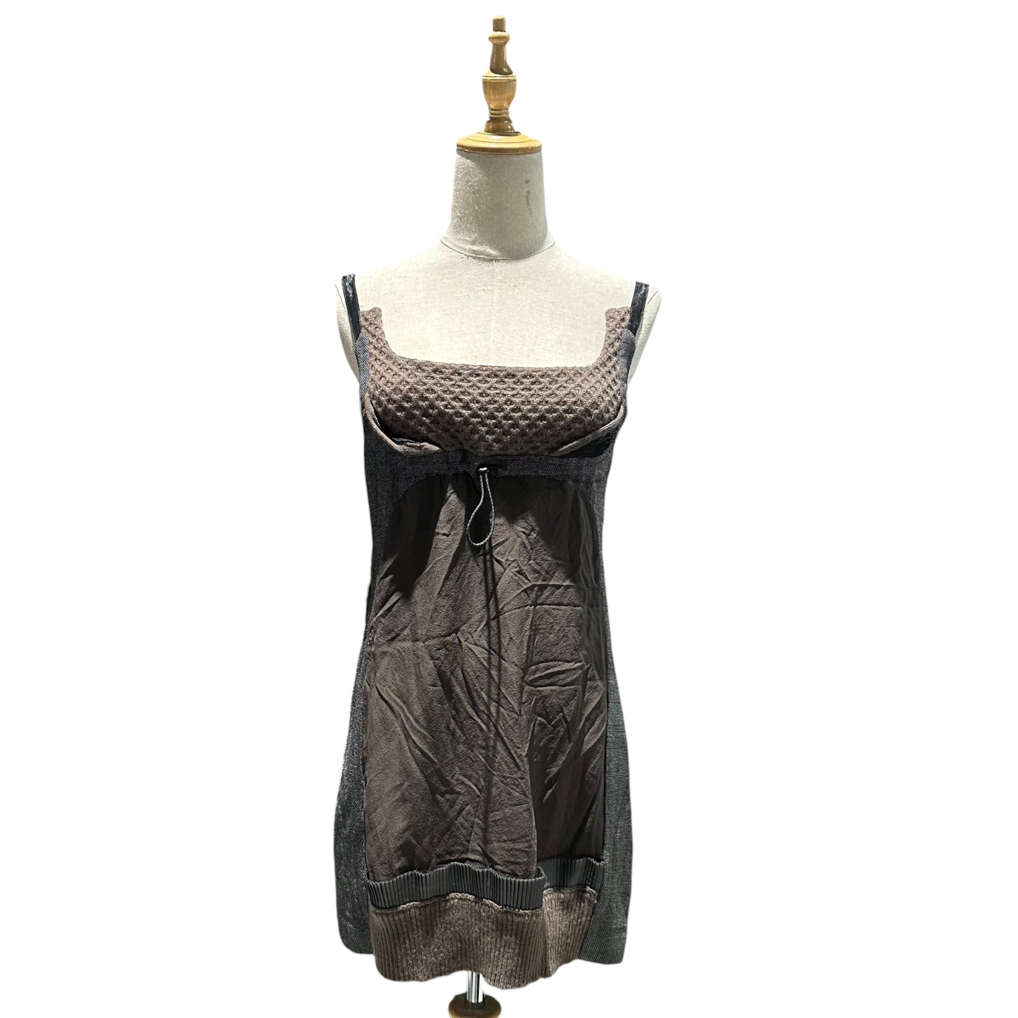 UNDERCOVER(アンダーカバー) 2007AW Purple Collection Mixed-Fabric Paneled Drawstring Silk Sleeveless Blouse パープル期 異素材 切替 ドローコード シルク ノースリーブ ブラウス 7A70-OP8  2 ブラウン×ブラック コレクションランウェイ 着用アイテム アーカイブ 稀少品