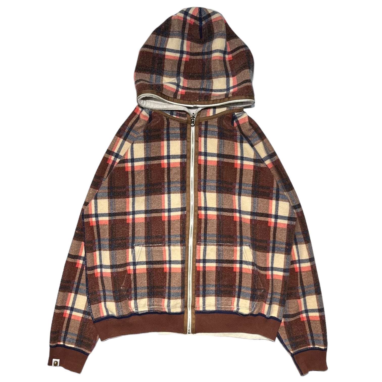 A BATHING APE(アベイシングエイプ) 00's Love Gene Check Reversible Parka ラブジェネ チェック リバーシブルパーカー L グレー×レッド ジップ