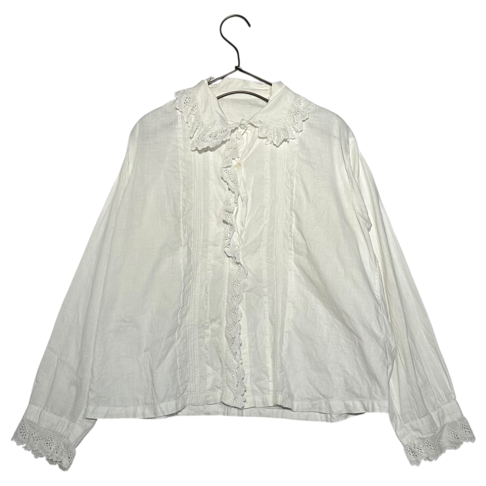 Euro vintage(ヨーロッパヴィンテージ) cuddle_30's~cutwork frill decorated collar white cotton blouse カットワークフリル襟のコットンブラウス Mサイズ程度 ホワイト/染み有