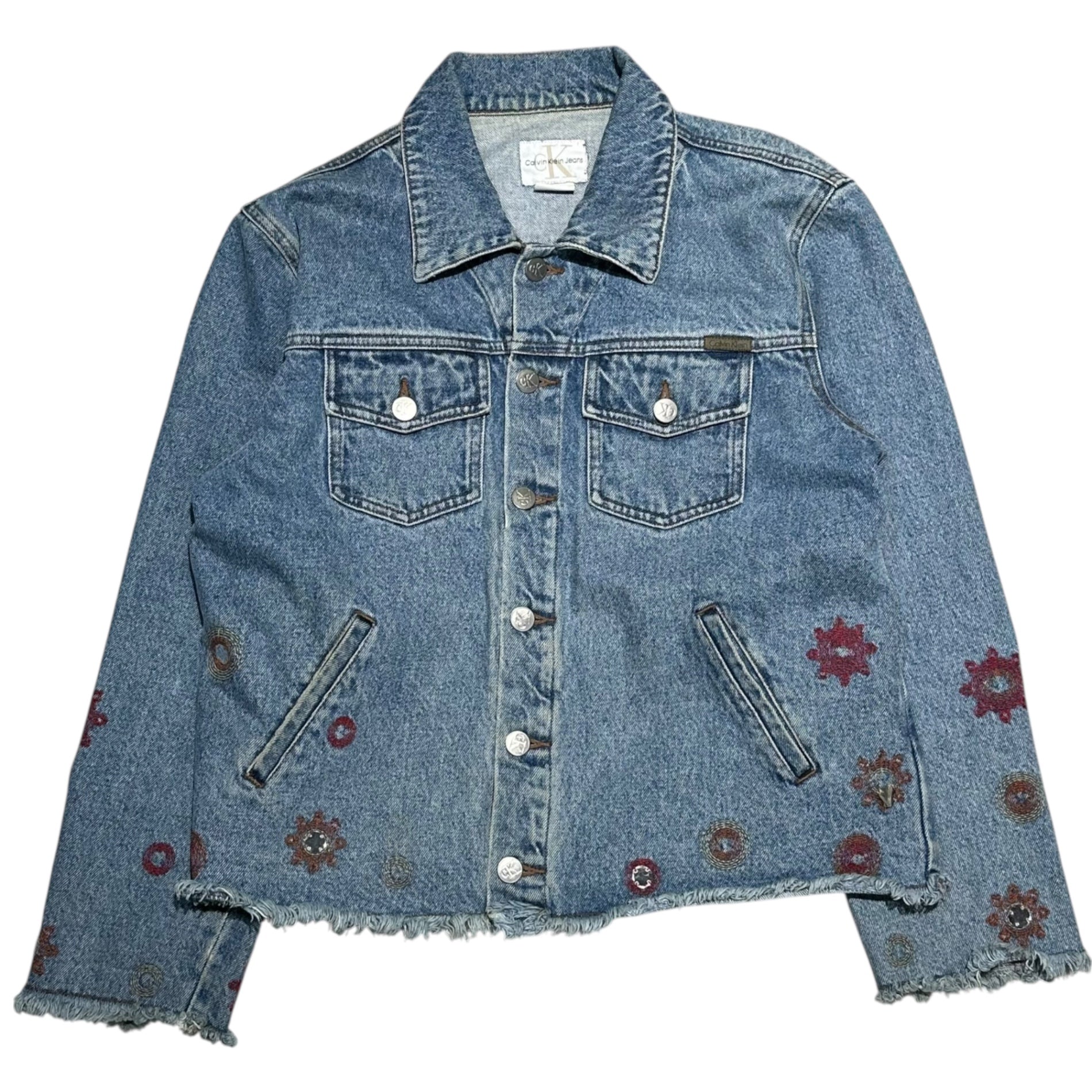 Calvin Klein Jeans(カルバンクラインジーンズ) 90~00's Flower Stitch Remake Raw-Edge Denim Jacket 花 ステッチ リメイク 切りっ放し デニム ジャケット ライトインディゴ