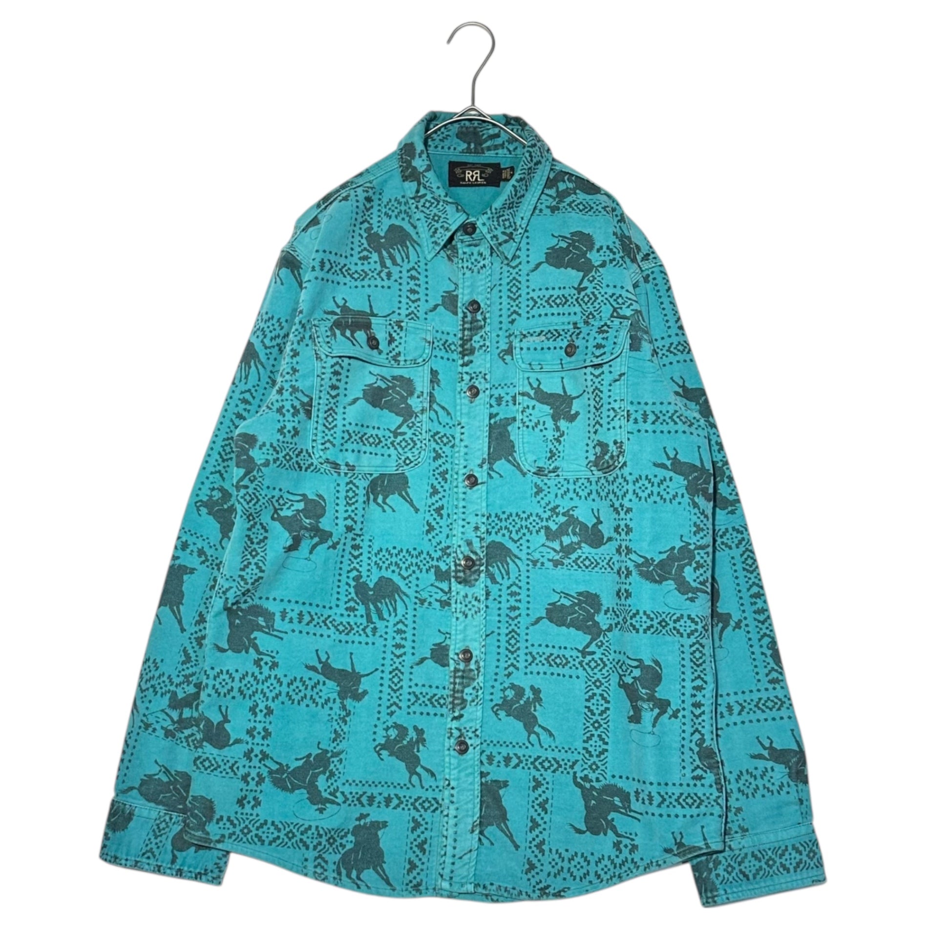 RRL(ダブルアールエル) Vintage-Processed Moleskin Pony-Print Work Shirt ヴィンテージ 加工 モールスキン ポニー柄 ワーク シャツ M ブルー×ブラック CPO ジャケット