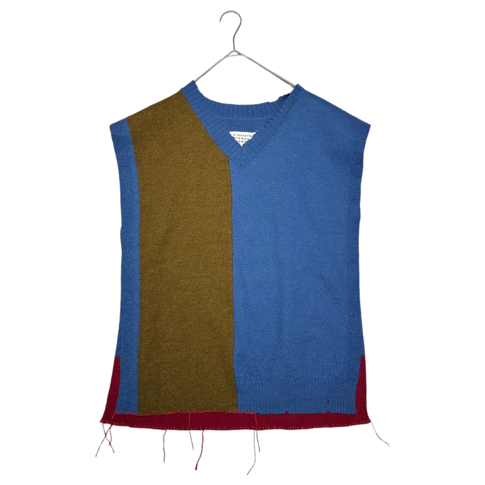 MAISON MARGIELA(メゾンマルジェラ) 21SS Multicolor V-neck knit vest マルチカラー Vネック ニット ベスト ホツレ加工 S50TH0043 S17696 M ブルー×カーキ×レッド ダメージ加工