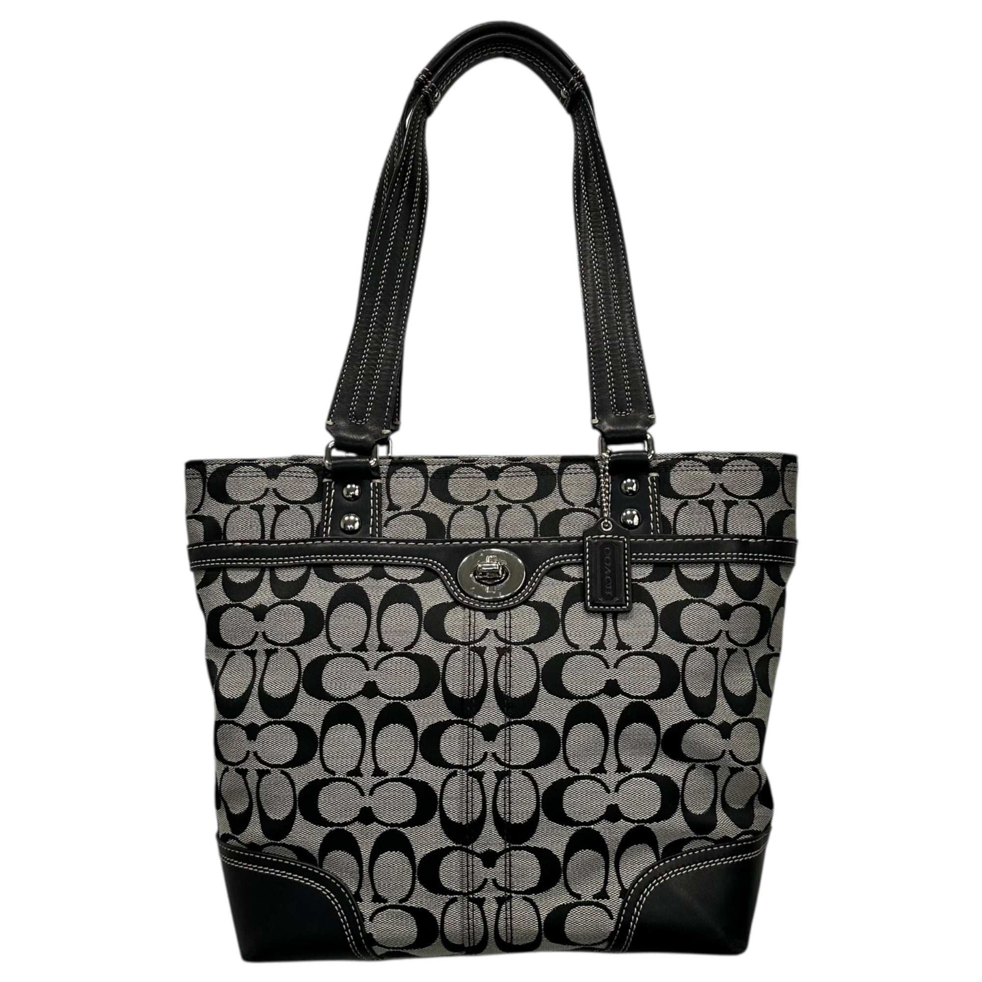 COACH(コーチ) Signature Turnlock Canvas Leather Tote Bag