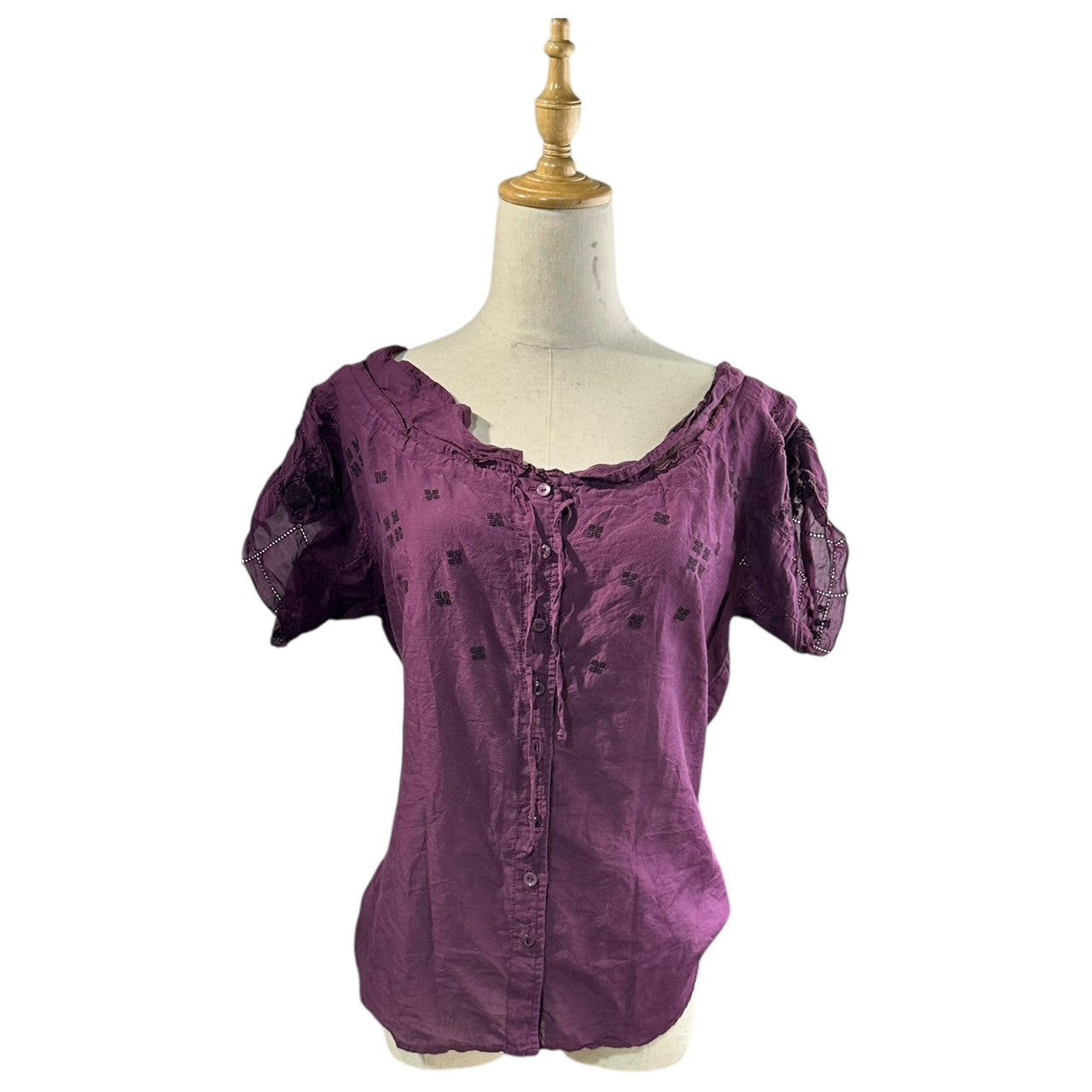 MARITHE FRANCOIS GIRBAUD(マリテフランソワジルボー) 00's Cotton silk embroidered French sleeve blouse コットン シルク 刺繍 フレンチスリーブ ブラウス F5-5167 M ボルドー Y2K 半袖