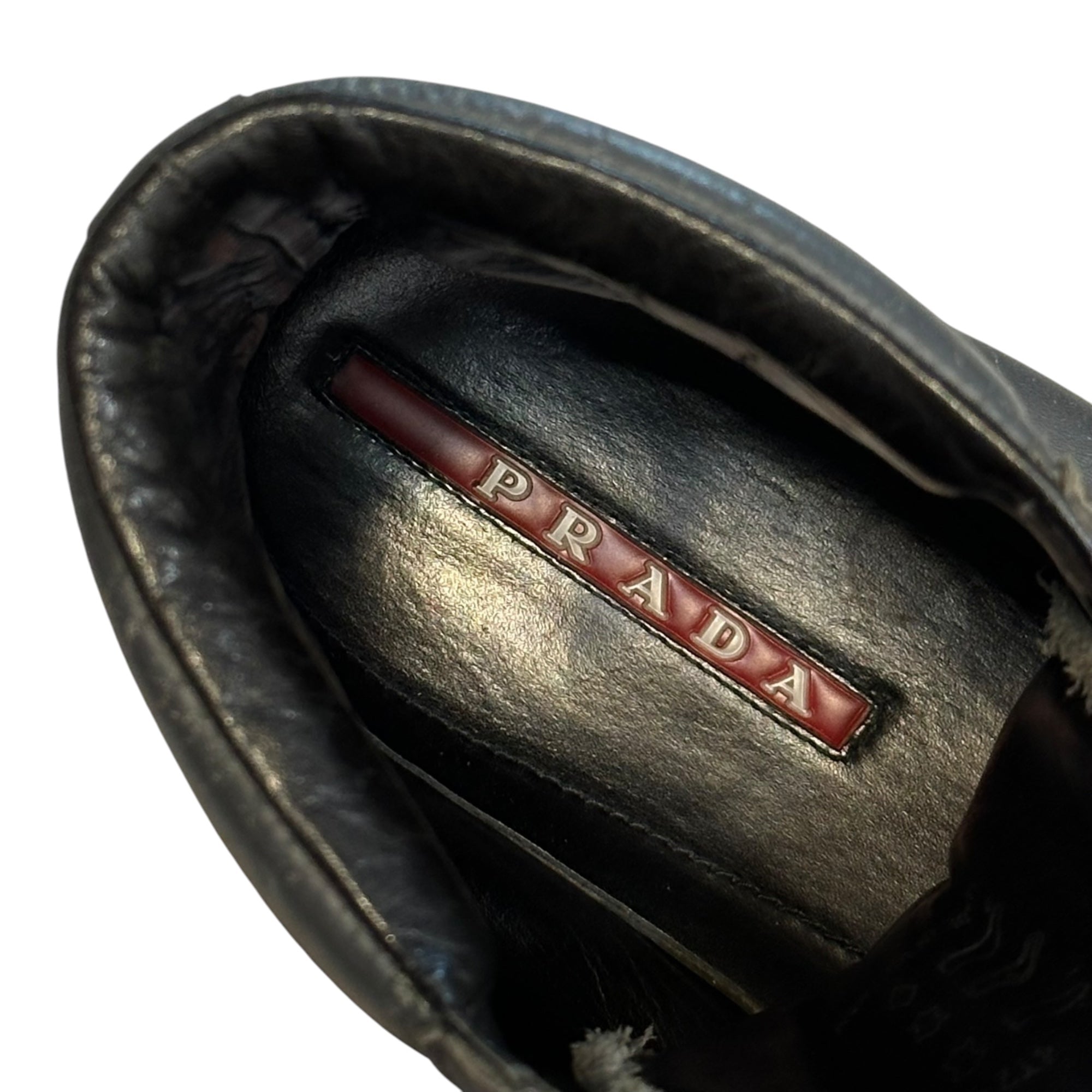 PRADA(プラダ) High-Top Leather Sneakers with Heel Triangle Logo ヒール 三角 ロゴ ハイカット レザー スニーカー 4T2148 9(27.0cm程度) グレー×ホワイト×レッド