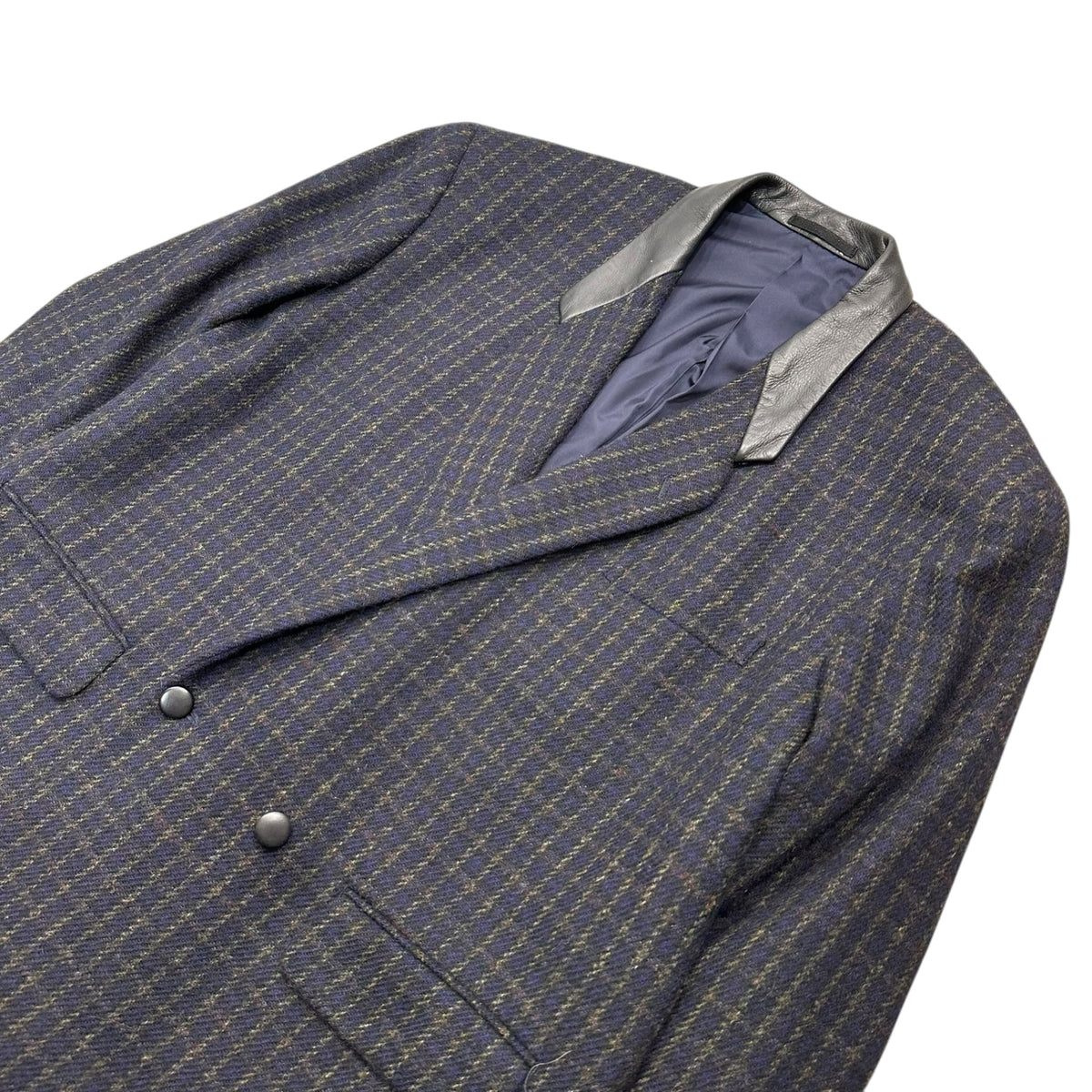 COMME des GARCONS HOMME PLUS(コムデギャルソンオムプリュス) 1984's~1988's Double-breasted Leather Collar Tartan Tweed Blazer 襟レザー タータンチェック ツイード ダブル テーラード ジャケット PJ-05053 S ネイビー×ブラック 80年代 80's 最初期