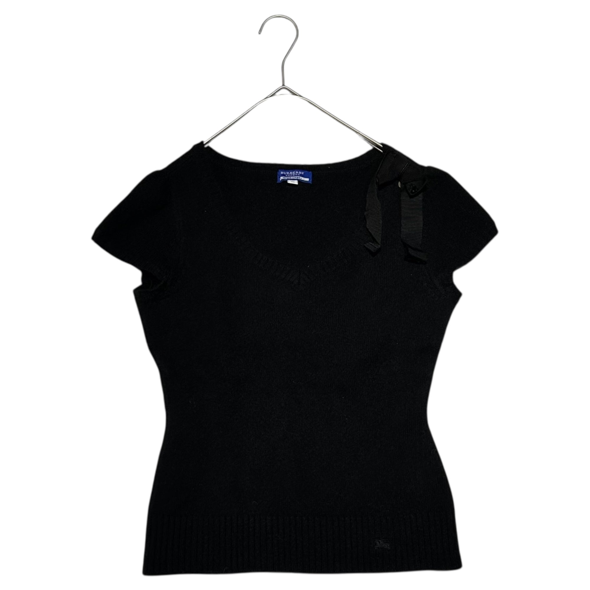 BURBERRY BLUE LABEL(バーバリーブルーレーベル) Shoulder Ribbon One-Point Logo Short-Sleeved Crew Neck Knit 肩 リボン ワンポイント ロゴ 半袖 クルーネック ニット FBF70-769-09 38(M程度) ブラック