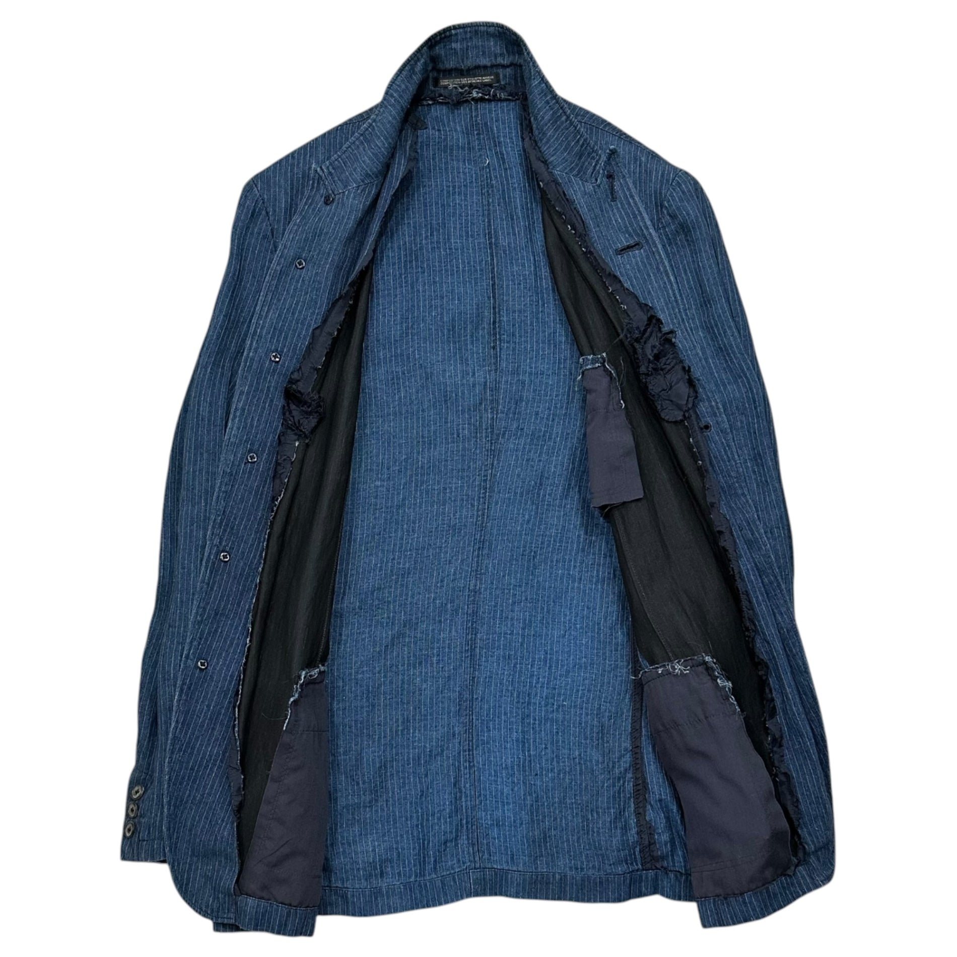 YOHJI YAMAMOTO POUR HOMME(ヨウジヤマモトプールオム) Indigo-Dyed Stand-Collar Striped Linen Jacket インディゴ染め スタンドカラー ストライプ リネン ジャケット 3(L程度) インディゴ×ホワイト タグ取れ