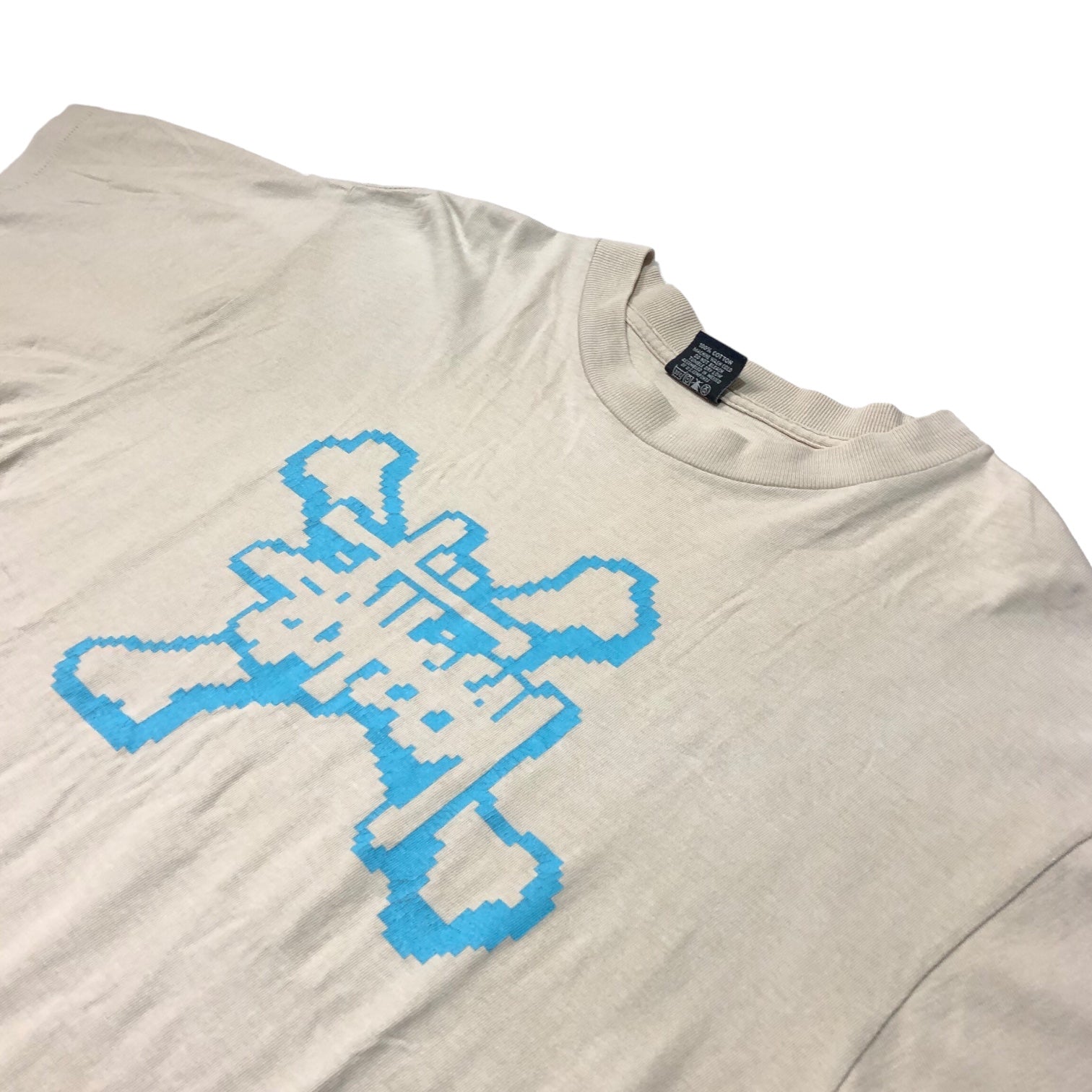 STUSSY(ステューシー) 90~00's dot pixel logo Tシャツ ドット ピクセル ロゴ 紺タグ SIZE L アイボリー×ライトブルー