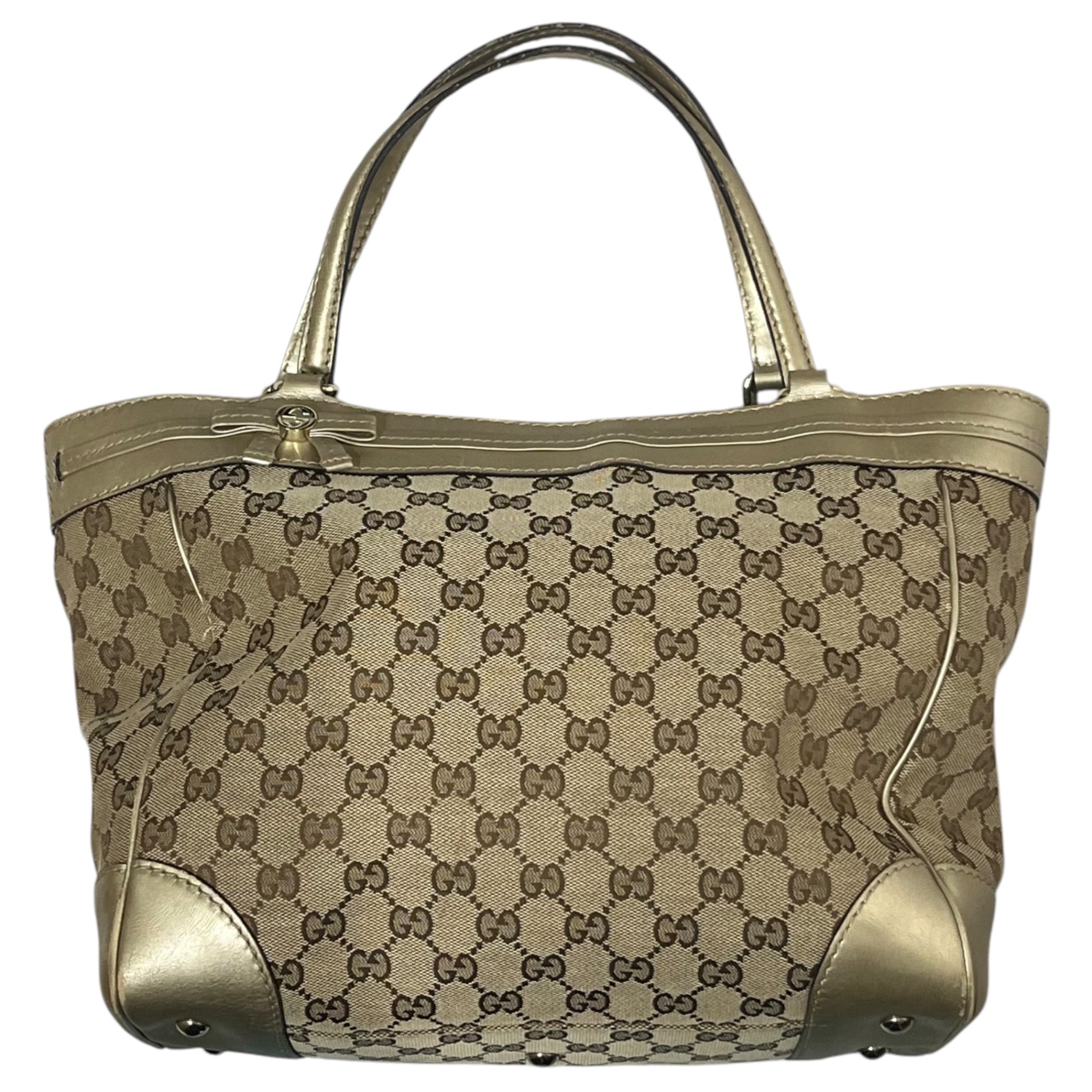 GUCCI(グッチ) GG canvas leather handbag GG キャンバス レザー ハンドバッグ 257061 486628 ベージュ×ゴールド リボン ロゴ