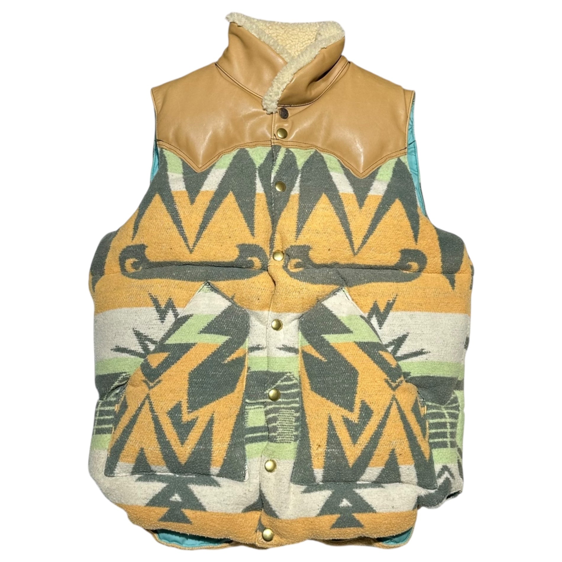 Rocky Mountain Featherbed × Ron Herman(ロッキーマウンテン × ロンハーマン) Leather Yoke Native Pattern Fleece-Lined Down Vest レザー ヨーク ネイティブ柄 ボア ダウン ベスト 38(M) オレンジ×ベージュ×ブラック