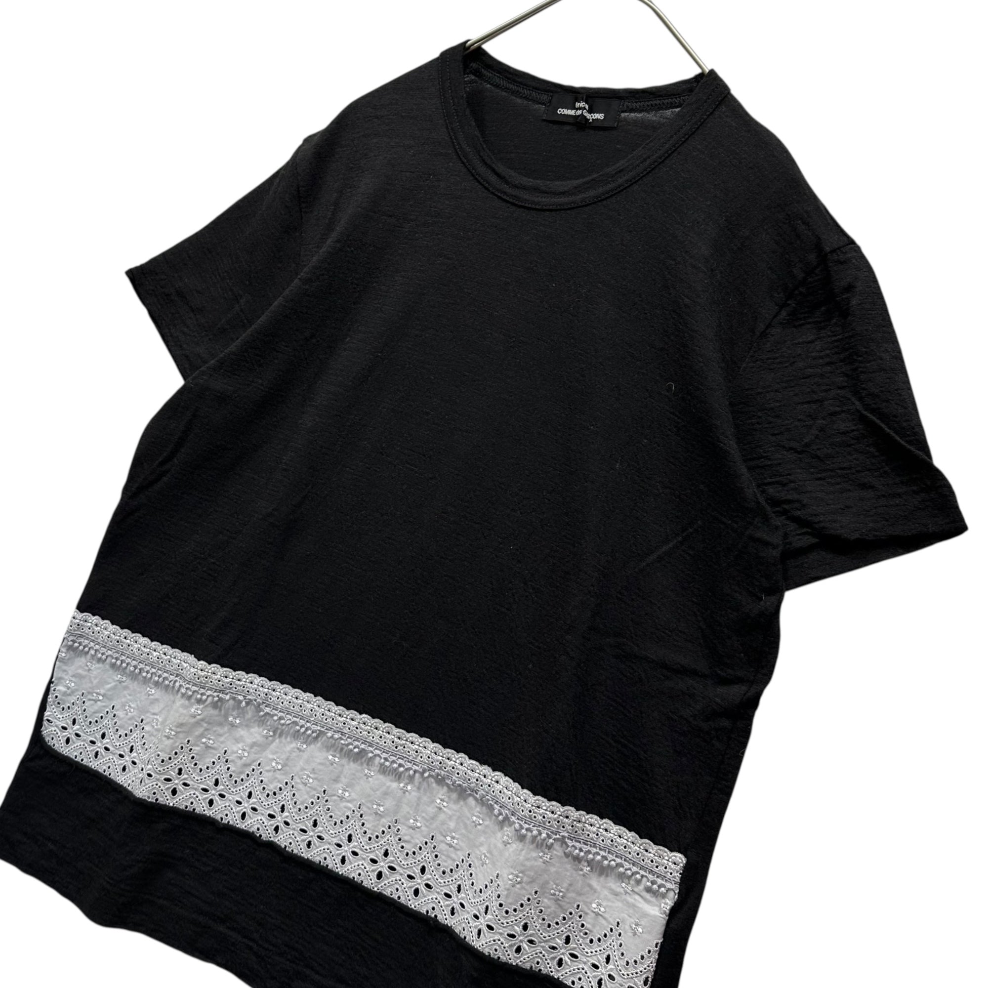 tricot COMME des GARCONS(トリココムデギャルソン) 08SS Hem Lace Trim Wool Knit Top 裾 レース 装飾 ウール カットソー TA-T007 FREE ブラック×ホワイト AD2007 後染め