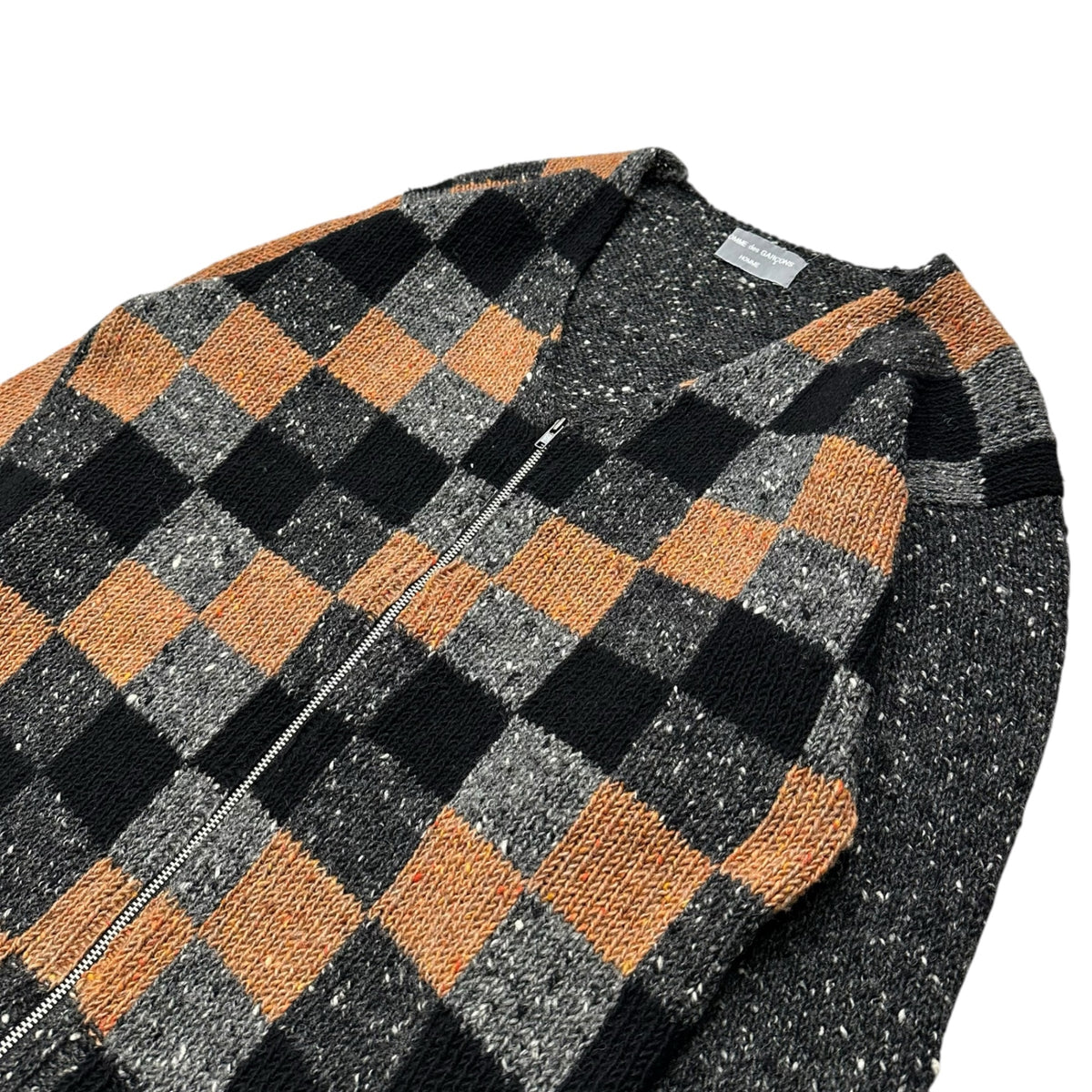 COMME des GARCONS HOMME(コムデギャルソンオム) 1997AW Checked zip-up knit cardigan ブロック チェック ジップ ニット カーディガン 表記無(FREE) オレンジ×グレー×ブラック 90's 90年代 ウール 田中オム