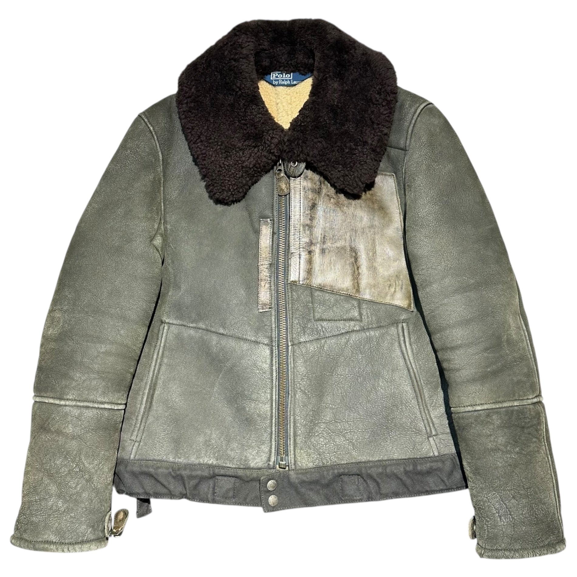 POLO RALPH LAUREN(ポロラルフローレン) 90's Vintage-processed genuine mouton flight jacket 90年代 ヴィンテージ加工 ムートン フライト ジャケット JR-RL-LW3810 L グレー×ブラウン インパクト21タグ