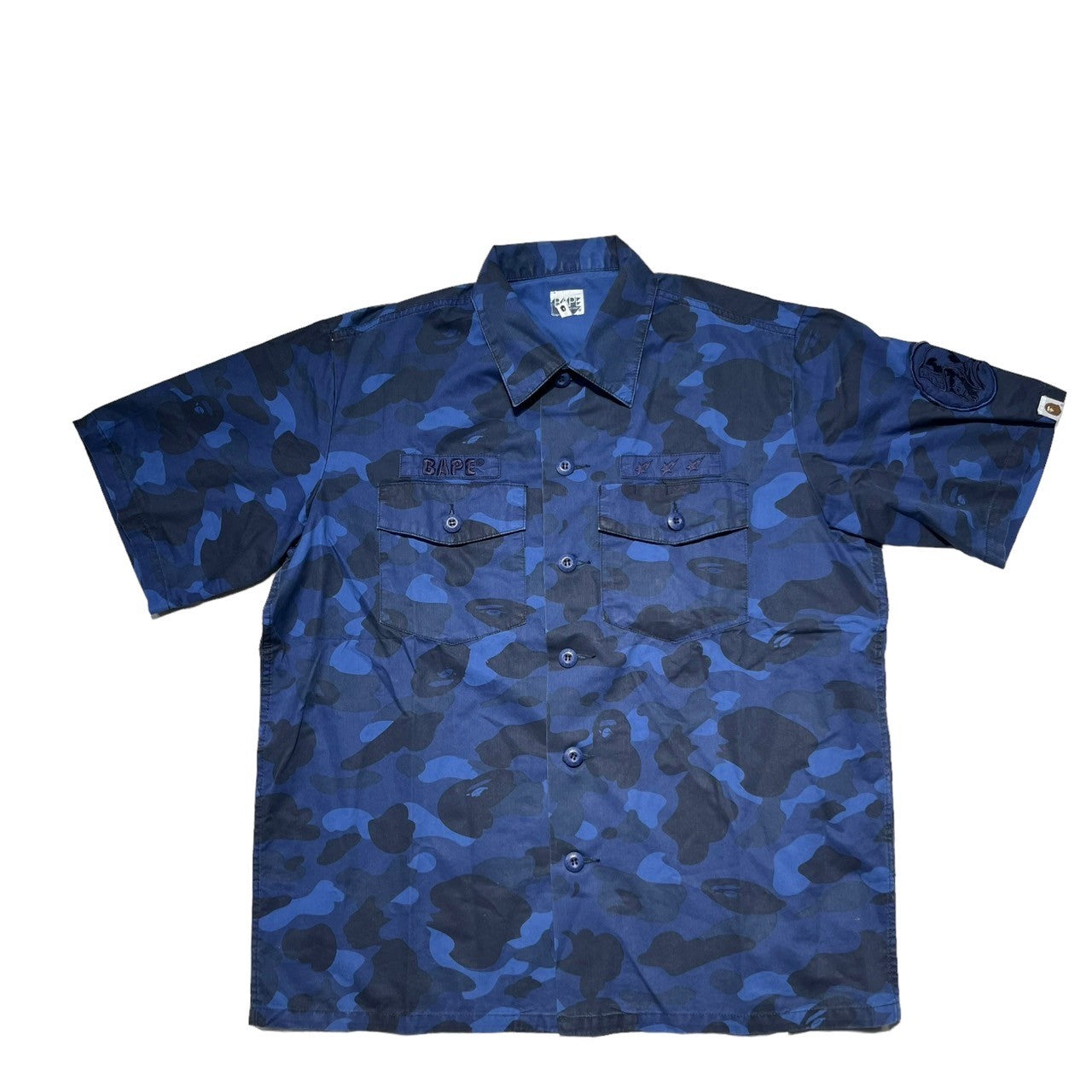 BAPE BY A BATHING APE(ベイプ バイ アベイシングエイプ) 00's Patch camouflage fatigue shirt ワッペン カモフラ ファティーグ シャツ L ブルー×ネイビー